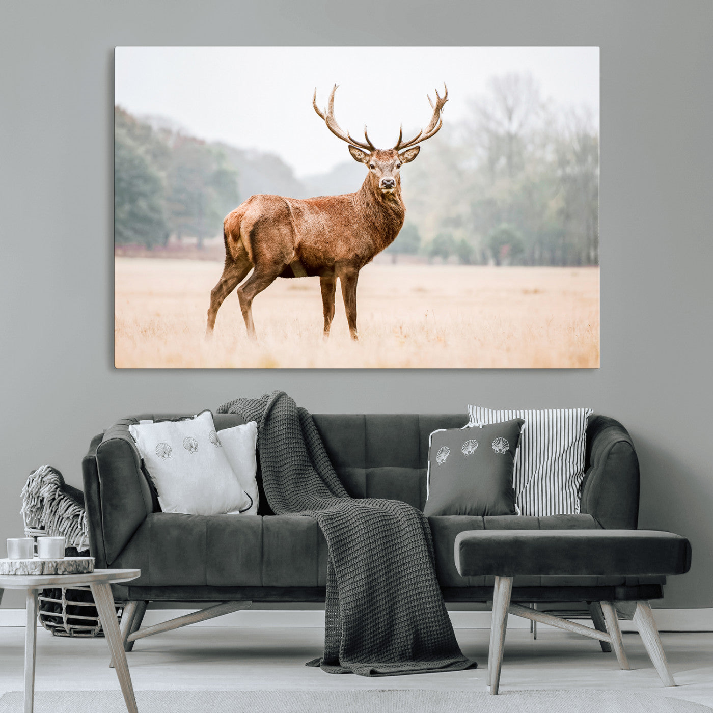 -Vintage Wildlife Wall Art Canvas Print – Misty Landscape Deer Rustic Nature Photography Artwork for Home, Office