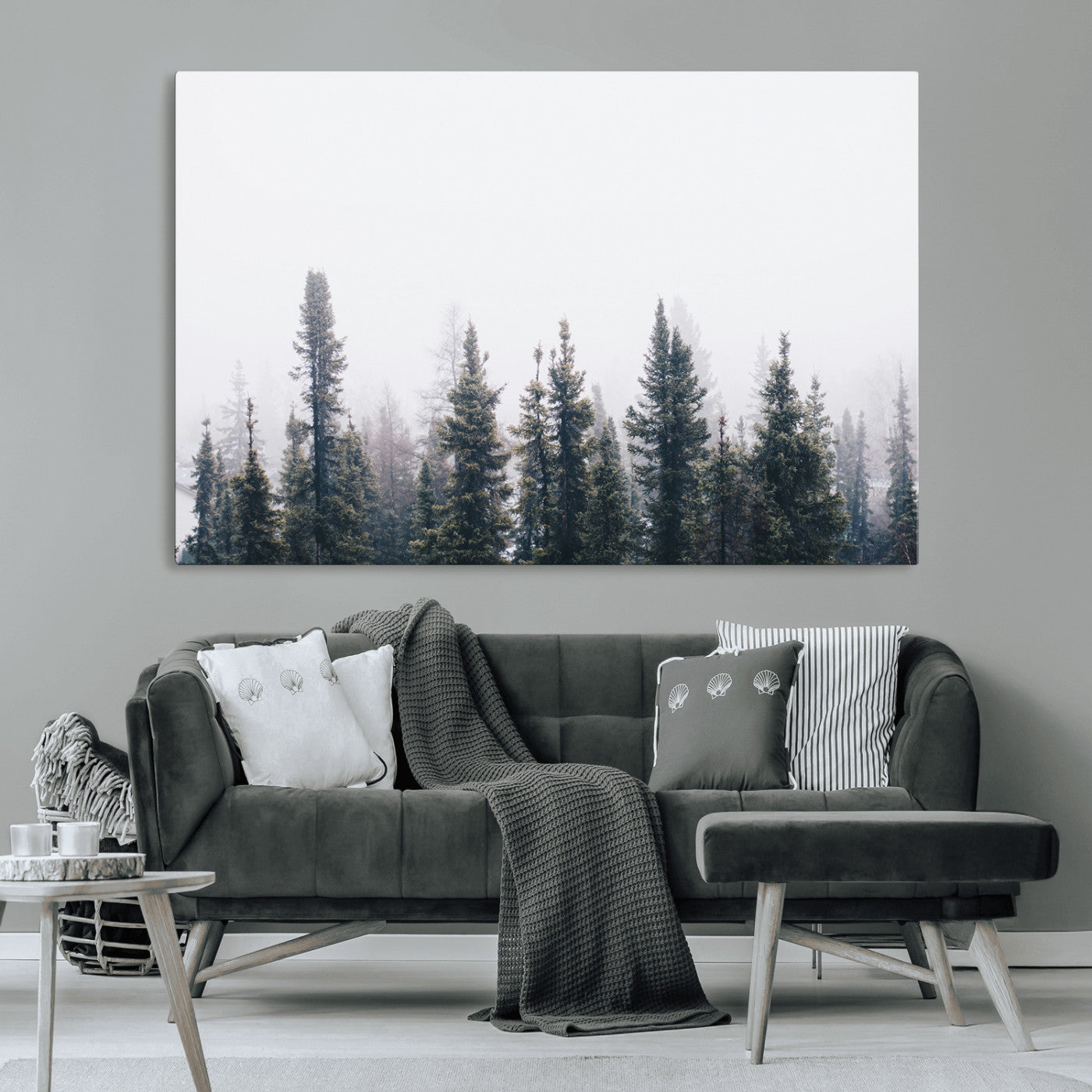 -Foggy Forest Wall Art Canvas Print – Framed Misty Pines Moody Woodland Nature Scene Artwork for Home Office