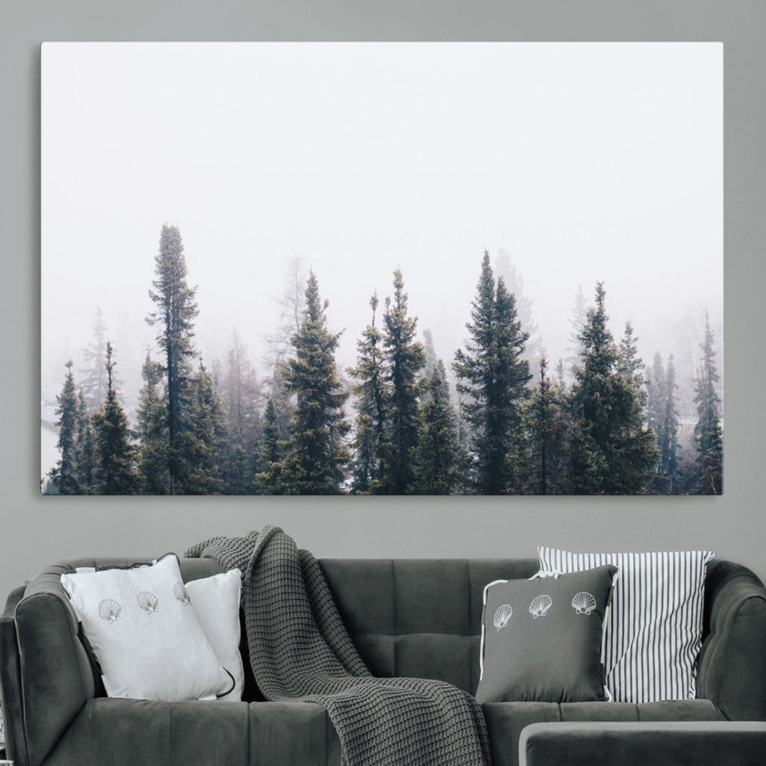 Foggy Forest Wall Art Canvas Print, Framed Misty Pines Art, Moody Woodland Scandinavian Minimalist Decor