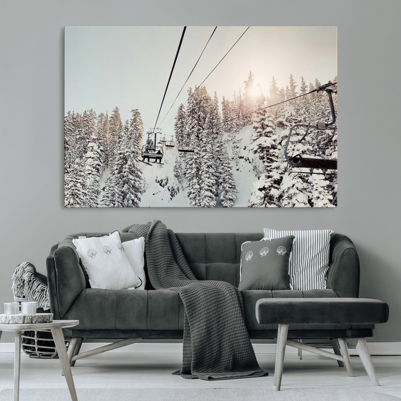 91534512-MGV-CV-36X24-Frosty Pines Wall Art Canvas Print – Framed Cozy Cabin Ski Lift Ride Winter Scene Artwork for Home Office