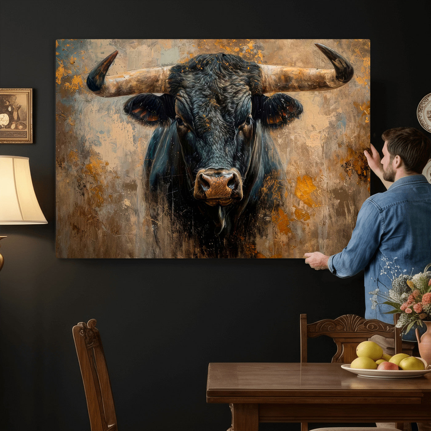 91615410-MGV-CV-36X24 - Abstract Texas Longhorn Bull Wall Art – Rustic Farmhouse Canvas Print, Western Cabin Style Decor, Large Animal Artwork for Living Room or Office