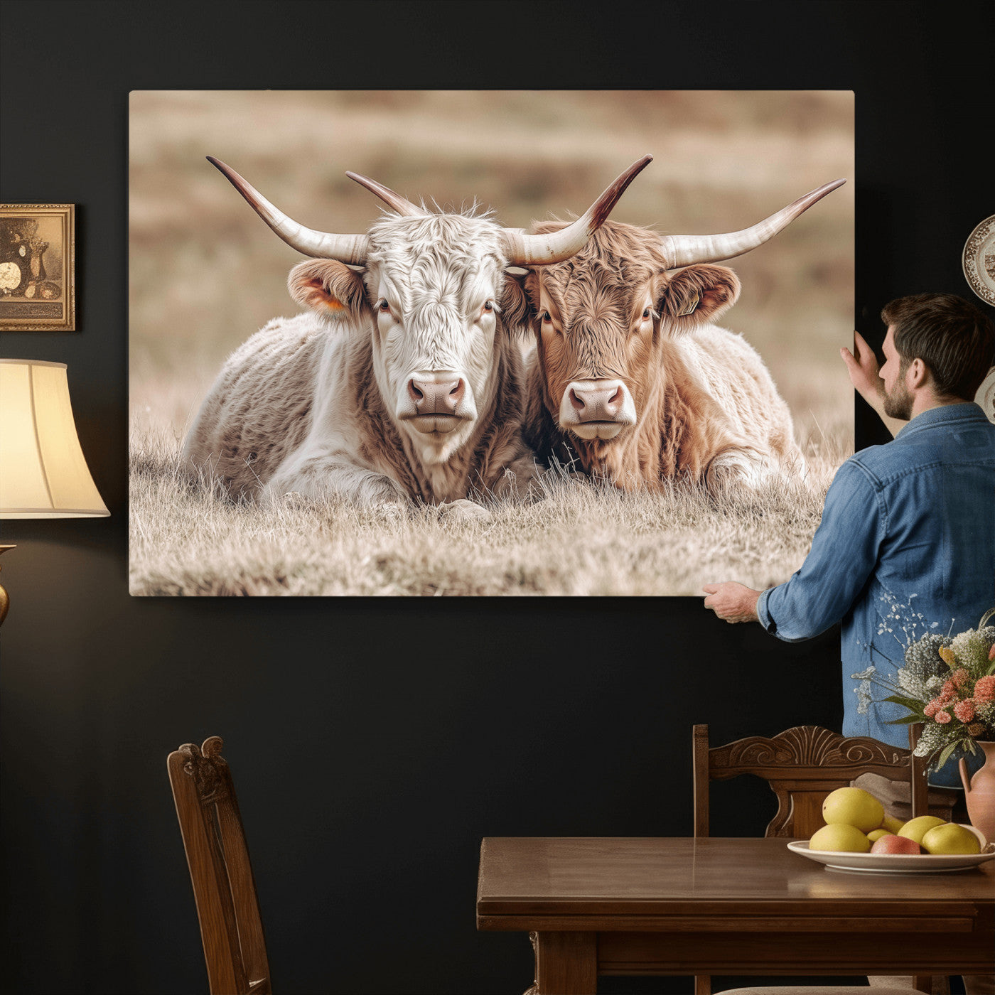 38651722-MGV-CV-36X24 - Highland Cows Meadow Canvas Wall Art – Peaceful Cow Photography Print, Rustic Farmhouse Animal Decor for Country Home, Living Room, Office