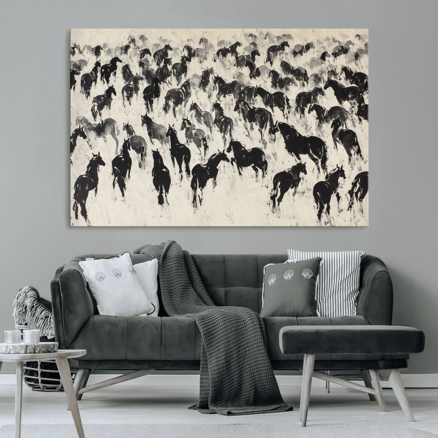 -Wild Horse Stampede Wall Art Canvas Print – Monochrome Running Horses Dynamic Motion Elegant Scene Artwork for Home, Office