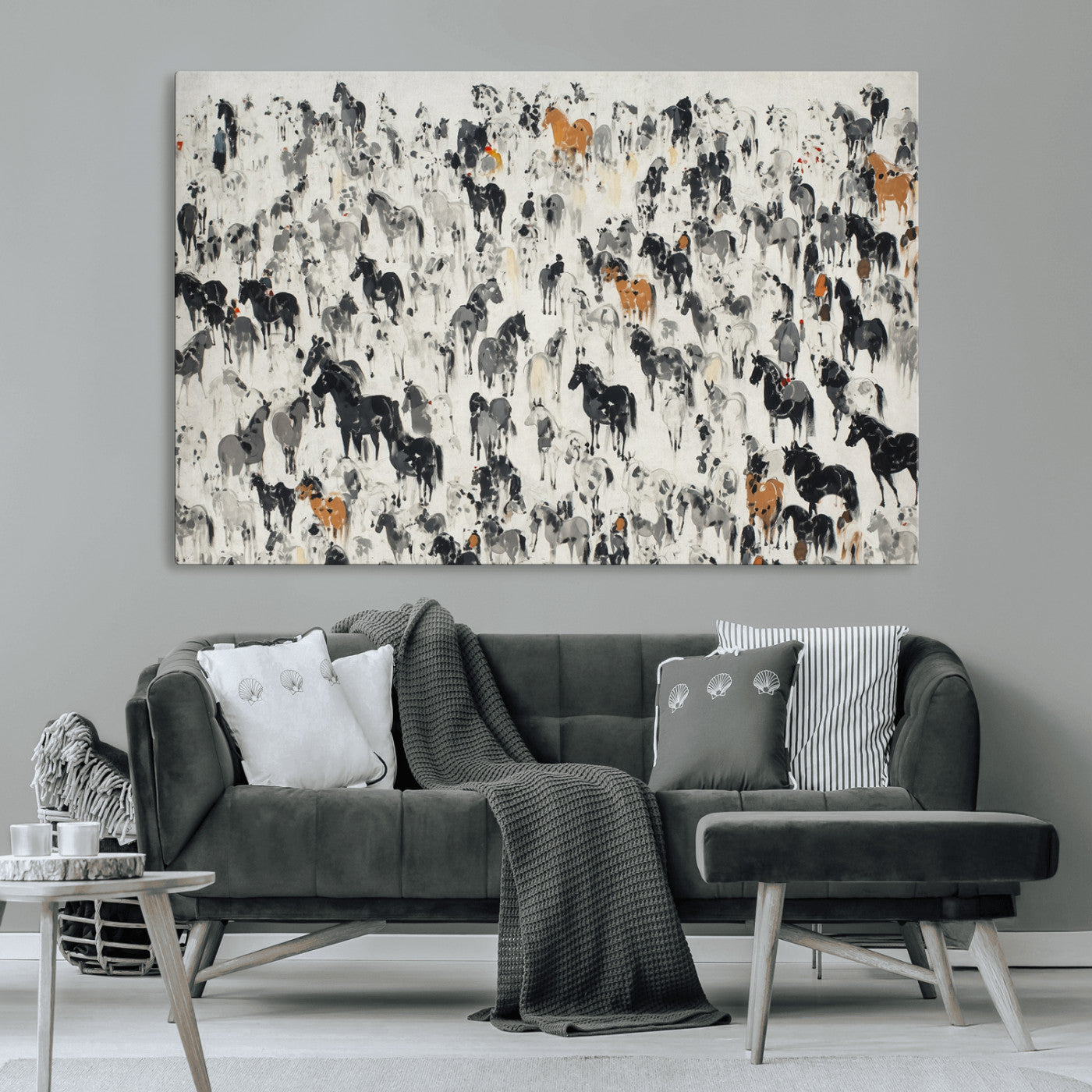 56463722-MGV-CV-36X24-Wild Horse Stampede Wall Art Canvas Print – Monochrome Running Horses Dynamic Motion Elegant Scene Artwork for Home, Office