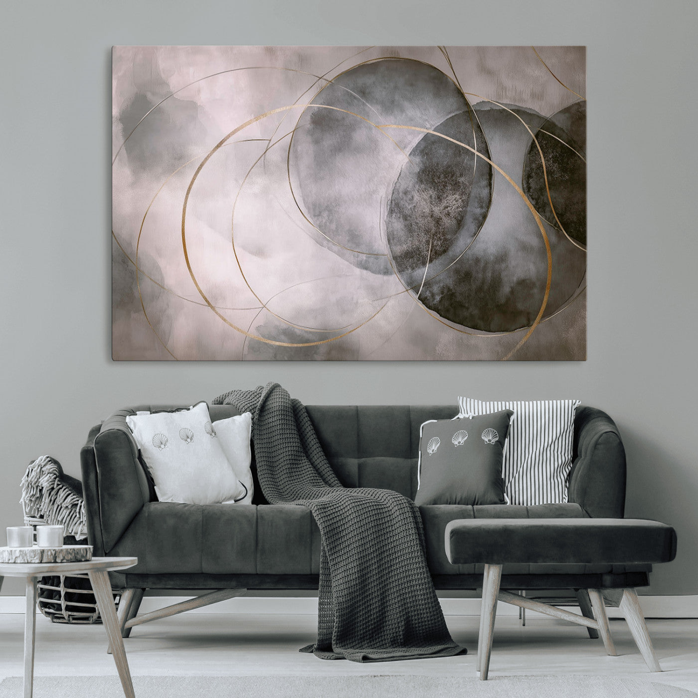 20066876-MGV-CV-36X24-Abstract Grey Gold Circle Wall Art – Modern Geometric Canvas Artwork, Minimal Elegant Design, Luxury Wall Decor for Home, Office