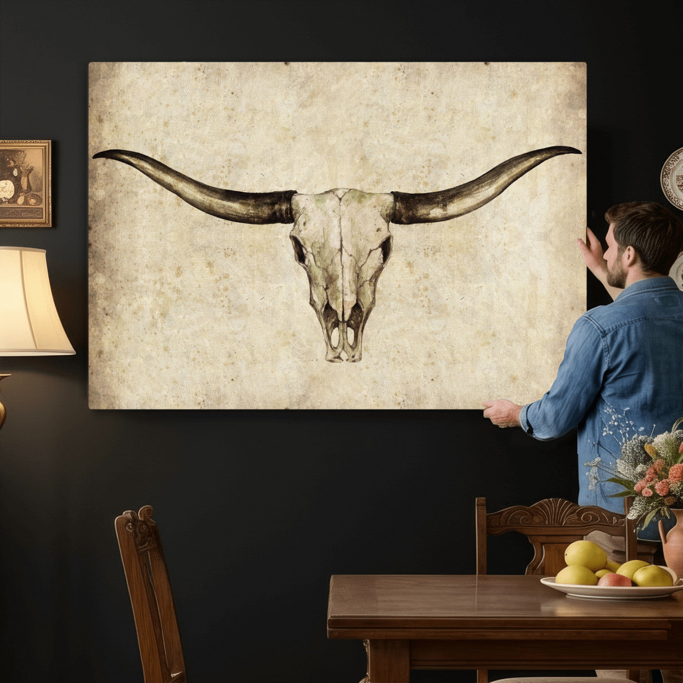 42788678-MGV-CV-36X24 - Longhorn Skull Wall Art Canvas Print – Rustic Western Artwork Print for Living Room Wall Decor