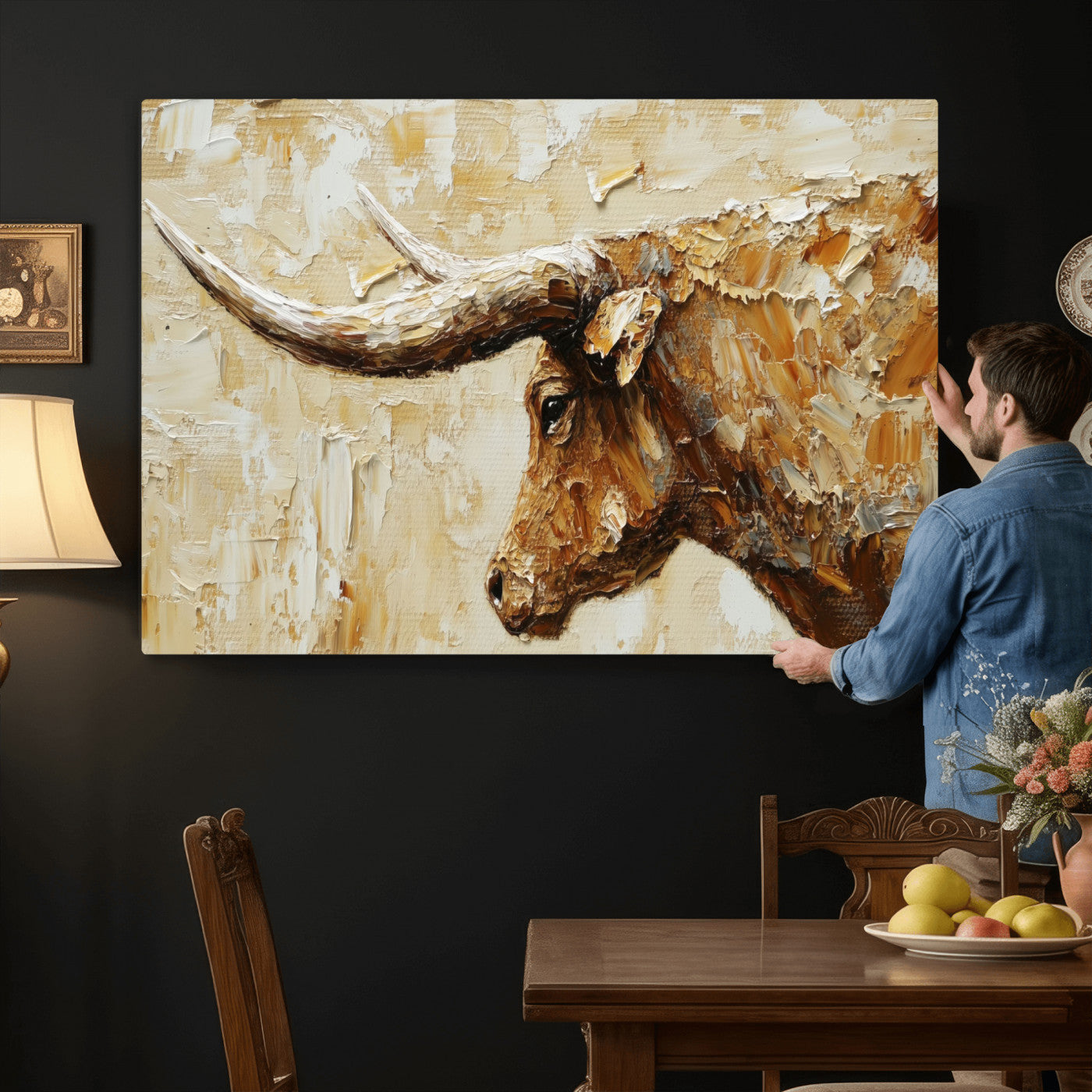 69611428-MGV-CV-36X24 - Rustic Longhorn Bull Wall Art Canvas Print – Vintage Western Cattle Painting, Texas Abstract Wall Cow Prints