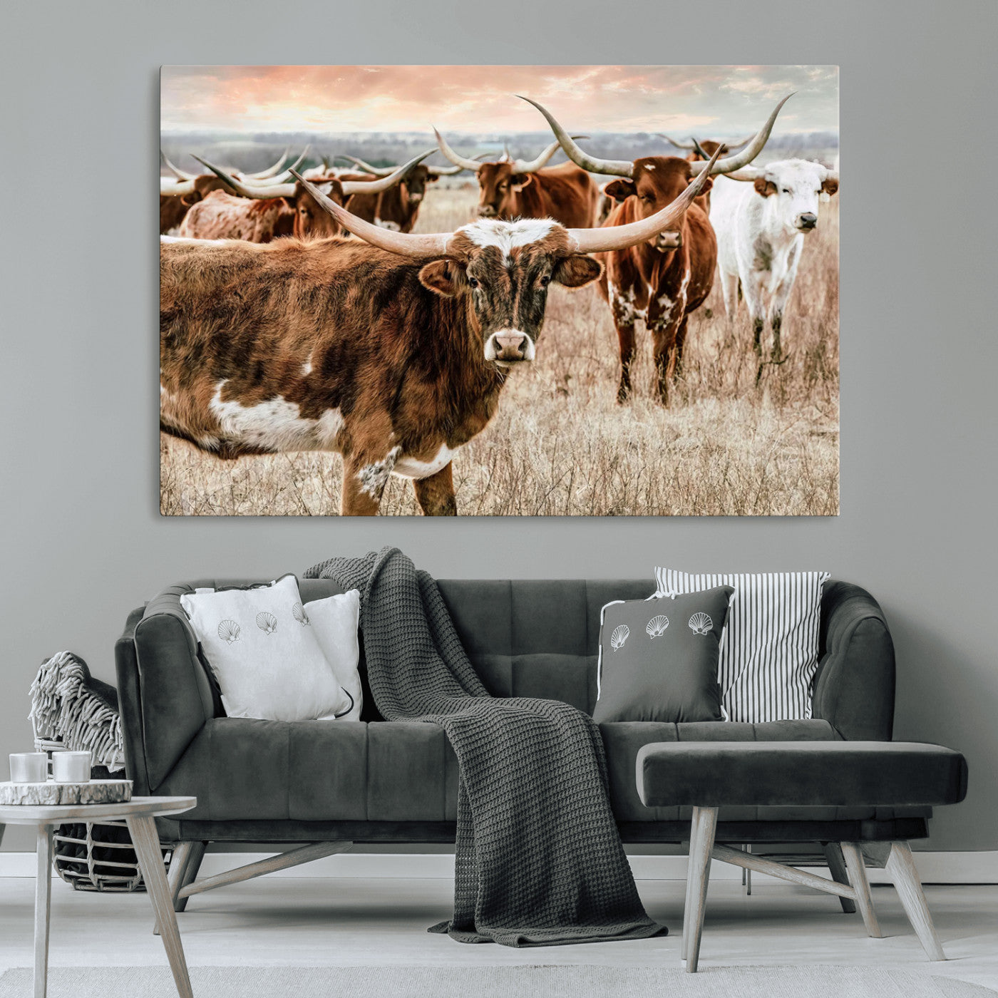 -Texas Longhorn Cattle Wall Art Canvas Print – Rustic Western Ranch Scene with Steers Sunset for Home, Office