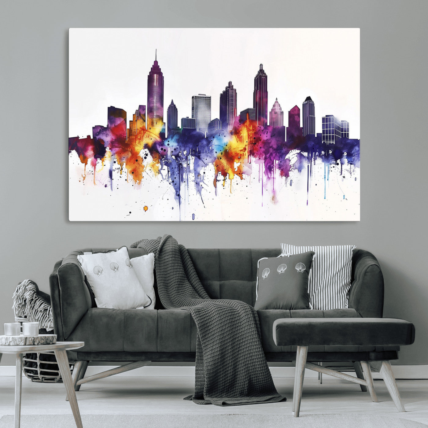 34479880-MGV-CV-36X24-Atlanta Skyline Wall Art Canvas Print – Framed Colorful Watercolor Cityscape Artwork for Home, Office, Living Room