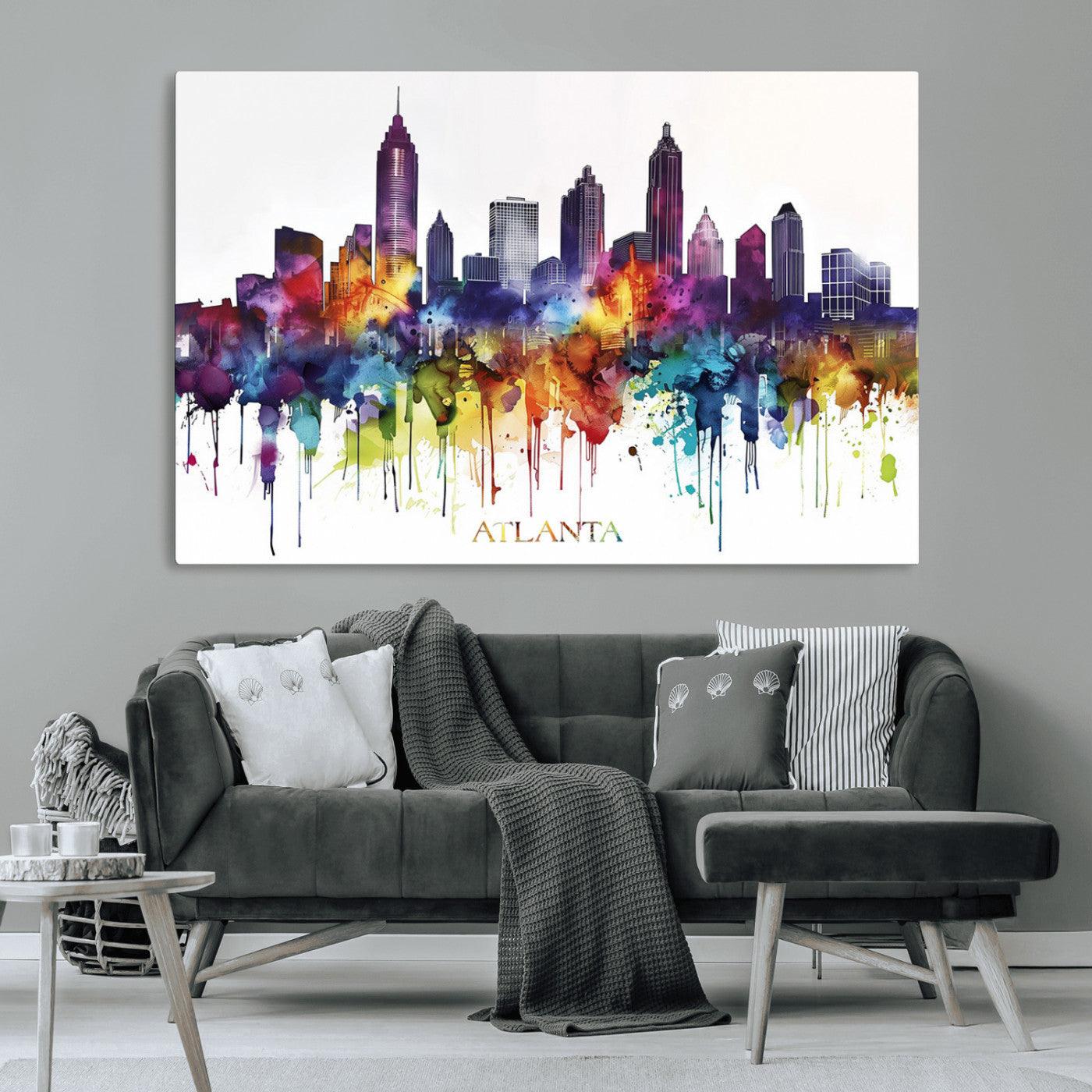 36048320-MGV-CV-36X24-Atlanta Skyline Wall Art Canvas Print – Framed Colorful Watercolor Cityscape Abstract Urban Artwork for Home, Office