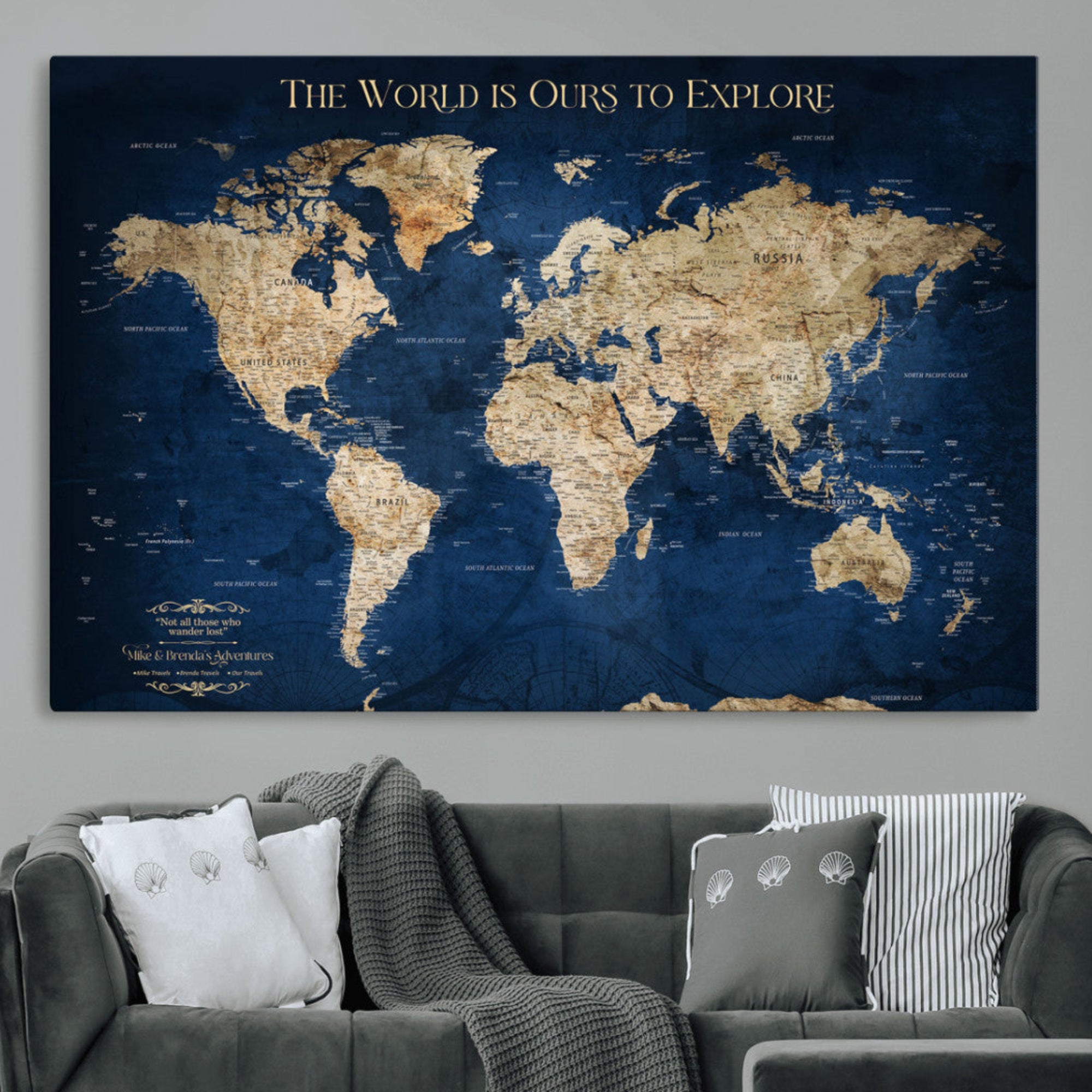 10181149-MGV-CV-36X24-Personalized World Map Wall Art – Custom Framed Push Pin Travel Tracker Canvas Print Unique Gift for Home, Office