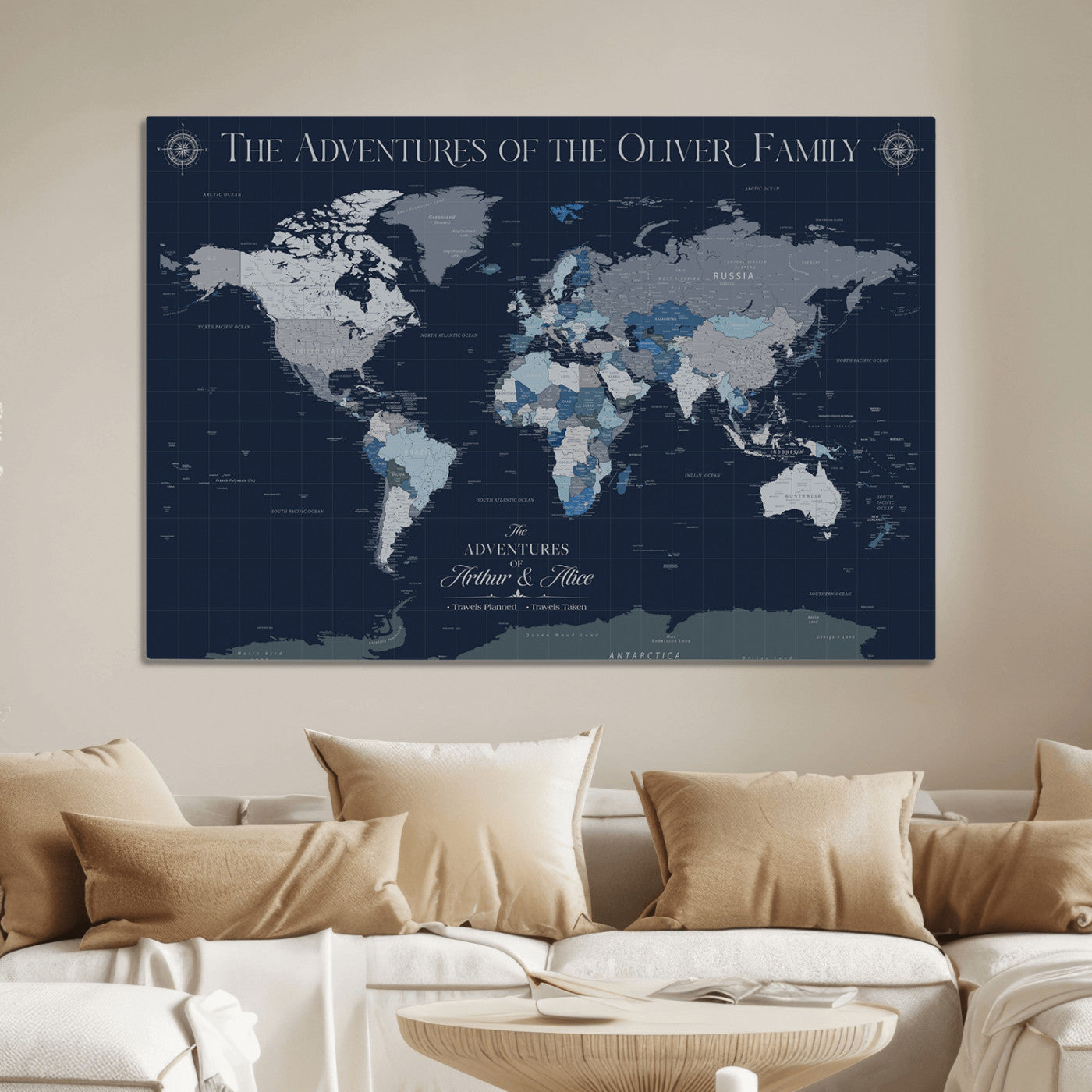 -Personalized Family Adventure World Map – Custom Framed Push Pin Travel Tracker Canvas, Elegant Wall Art for Home, Office