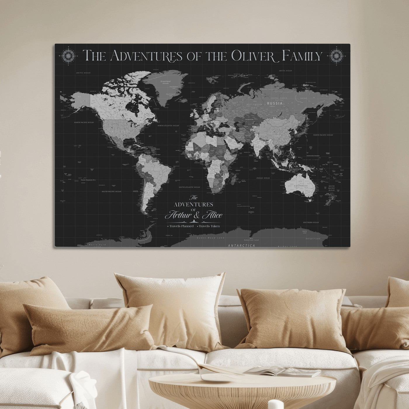 -Personalized Family World Map Canvas – Custom Framed Push Pin Travel Tracker, Modern Adventure Wall Art for Home, Office