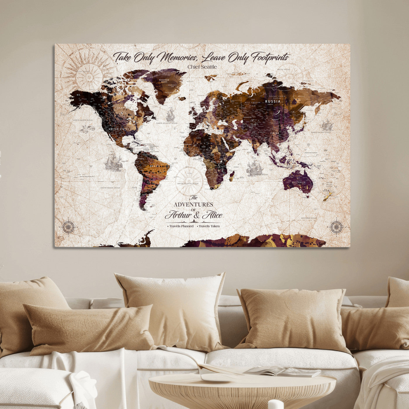 -Personalized World Map Canvas – Custom Framed Push Pin Travel Tracker, Elegant Wall Art Gift for Couples for Home, Office