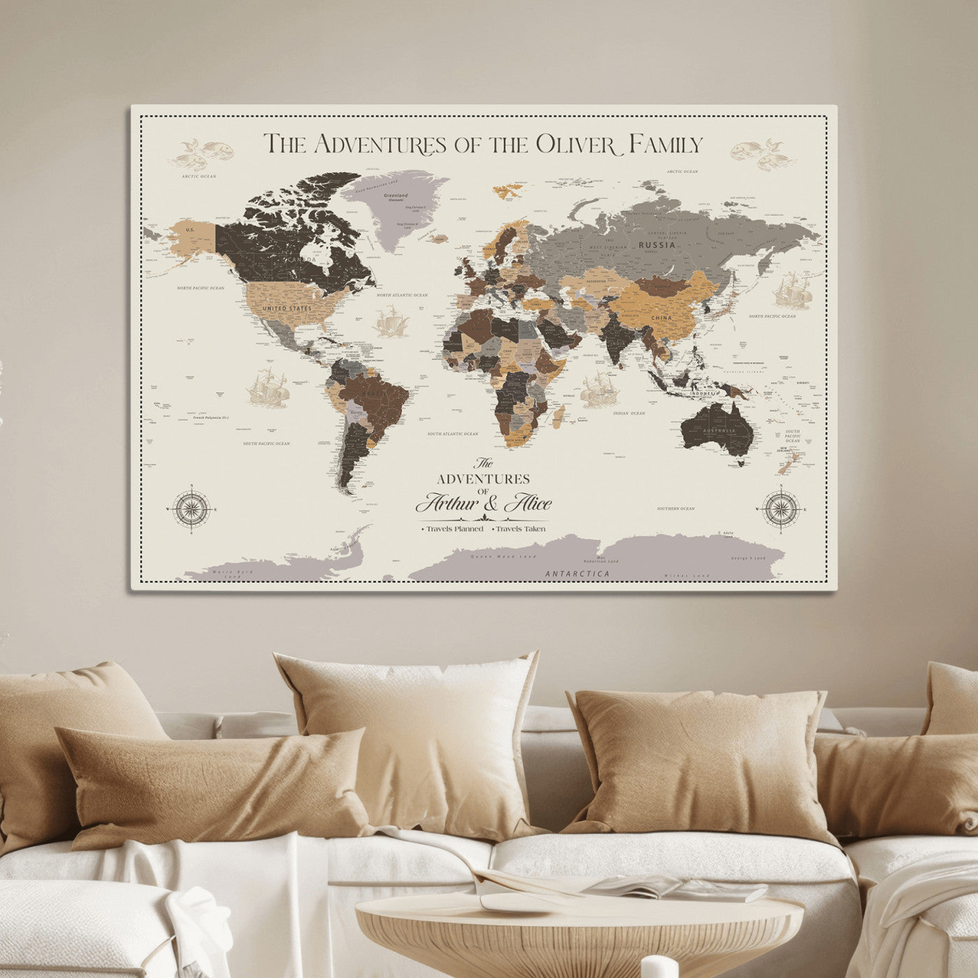 -Personalized Family Adventure World Map Canvas – Custom Framed Push Pin Travel Tracker, Wall Art Gift for Home, Office