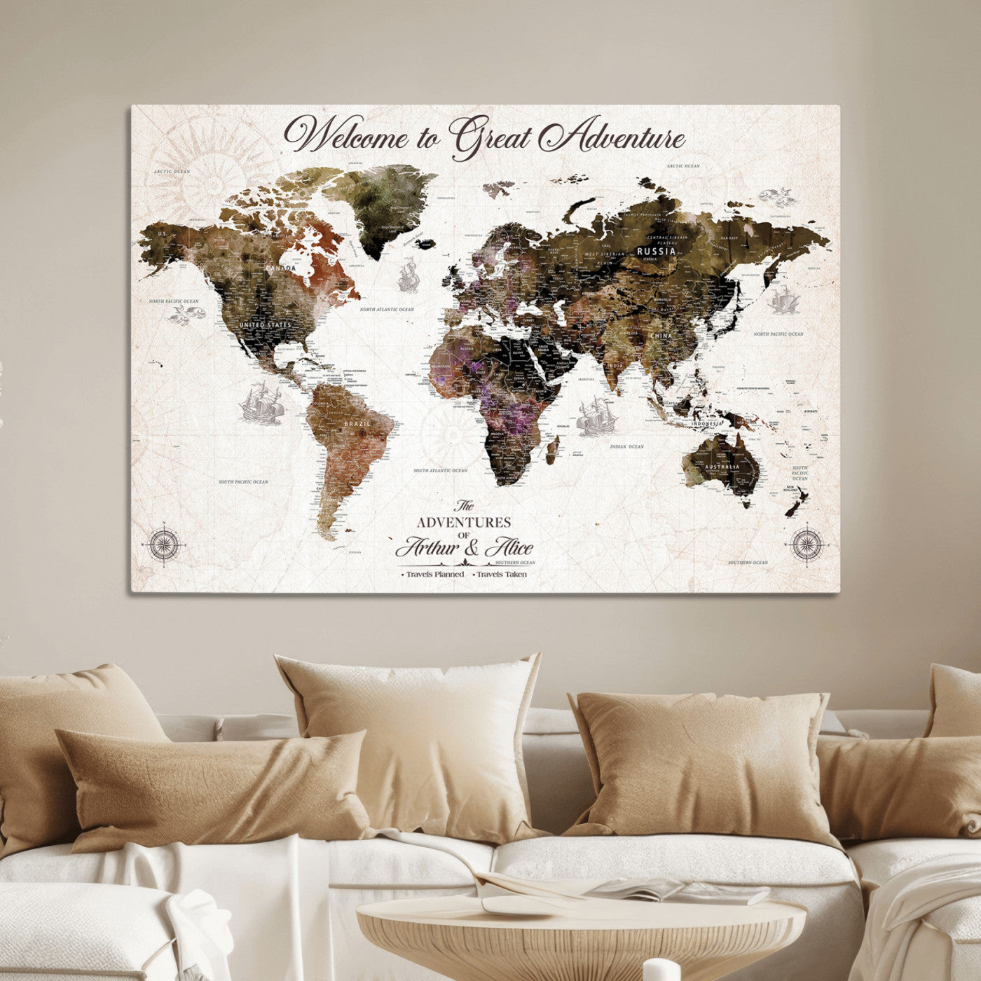 -Personalized World Map Canvas Custom Framed Push Pin Travel Tracker Vintage Adventure Wall Art Gift Couples Travelers Home, Office