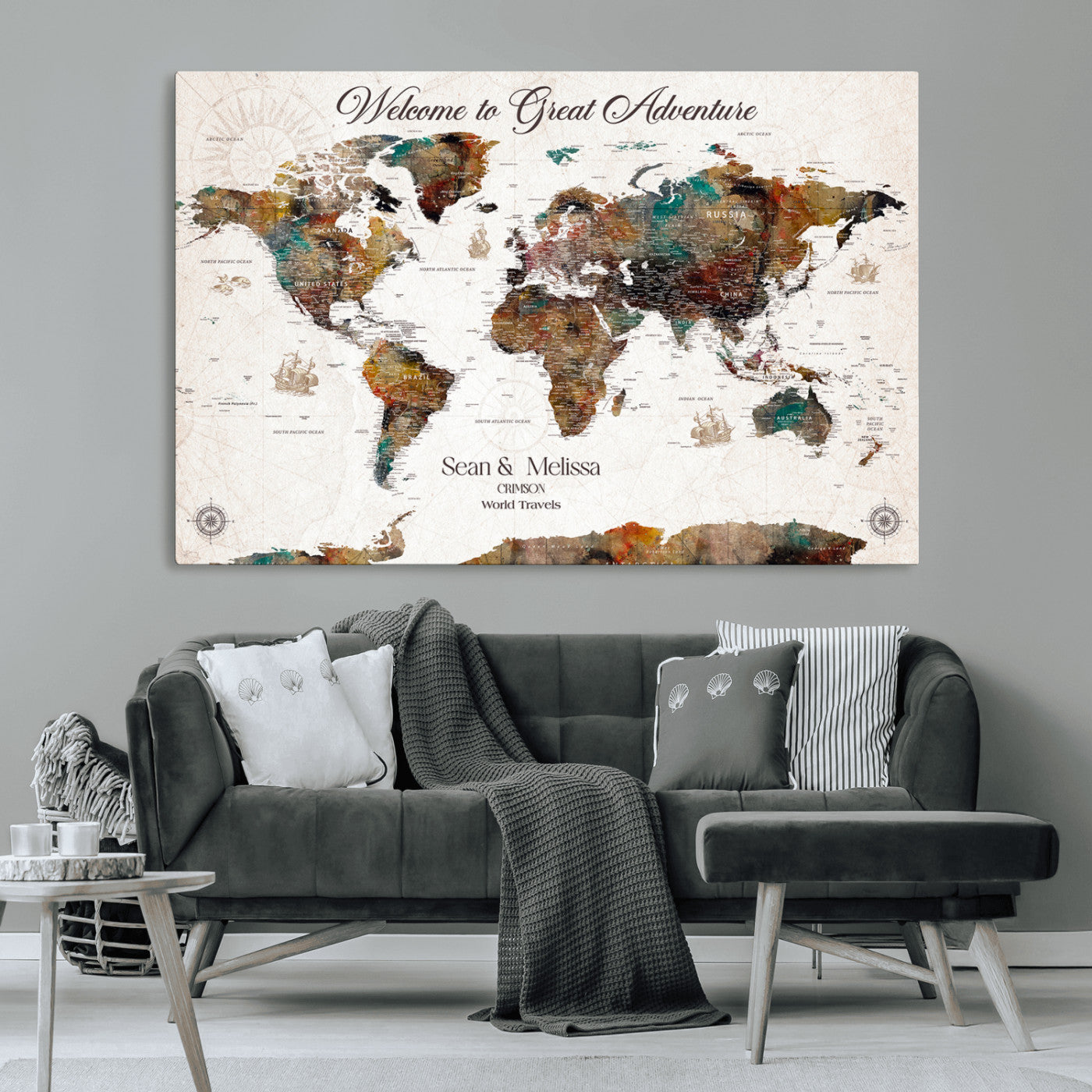 -Personalized World Map Canvas Custom Framed Push Pin Travel Tracker Vintage Adventure Wall Art Gift Couples Travelers Home, Office
