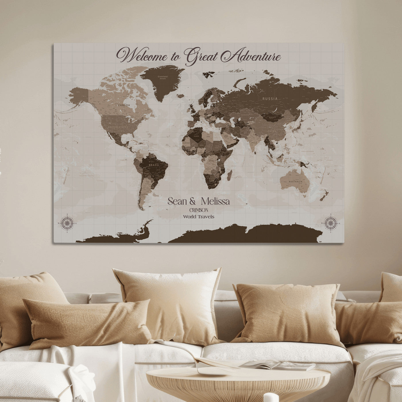-Personalized World Map Canvas Custom Framed Push Pin Travel Tracker Modern Minimalist Wall Art Gift Couples for Home, Office