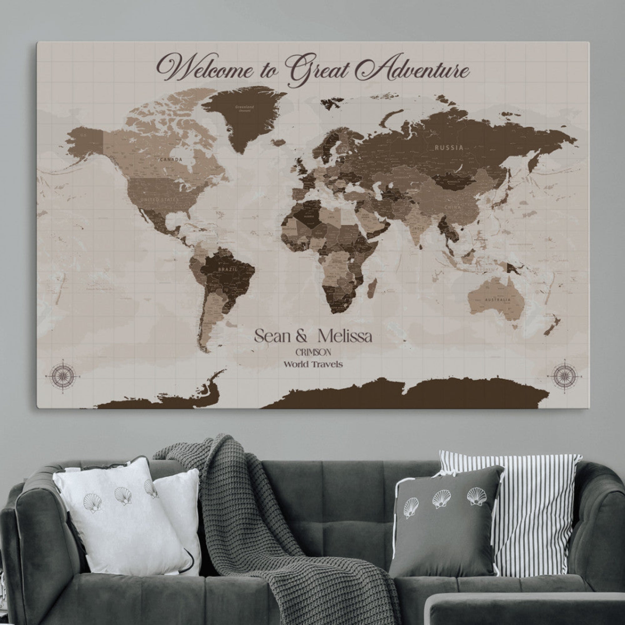 Rehber01-MGV-CV-36X24-Custom Push Pin World Map Wall Art Canvas Print – Personalized Travel Tracker with Pins Framed Large for home, office