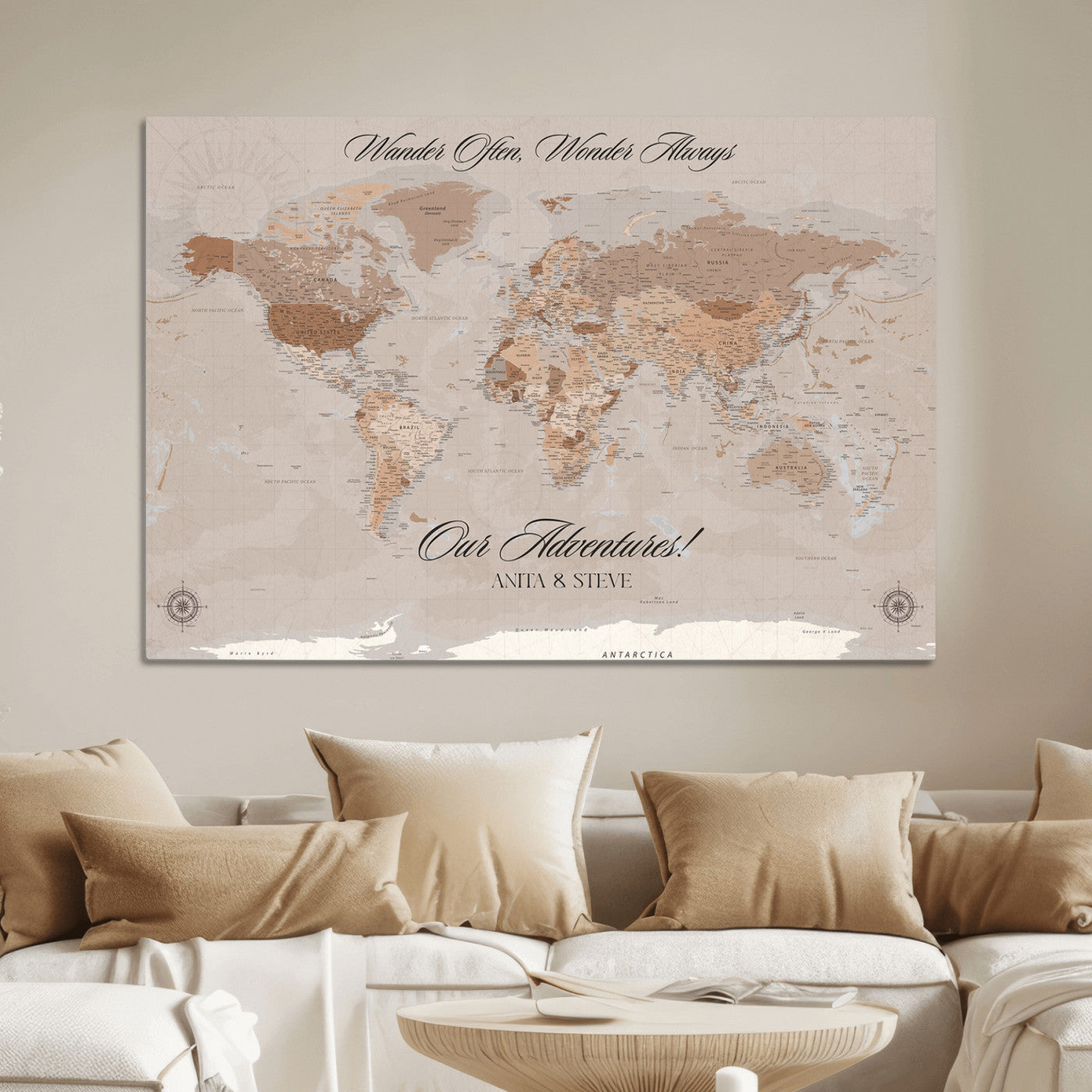 -Personalized World Map Canvas Custom Framed Push Pin Travel Tracker Elegant Neutral Wall Art Gift Couples Travelers for Home, Office