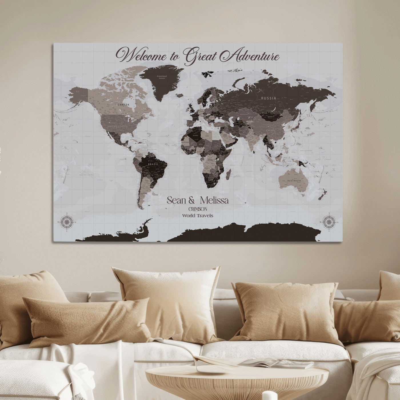 -Personalized Gray Brown World Map Canvas Custom Framed Push Pin Travel Tracker Modern Neutral Wall Art Gift Couples for Home, Office