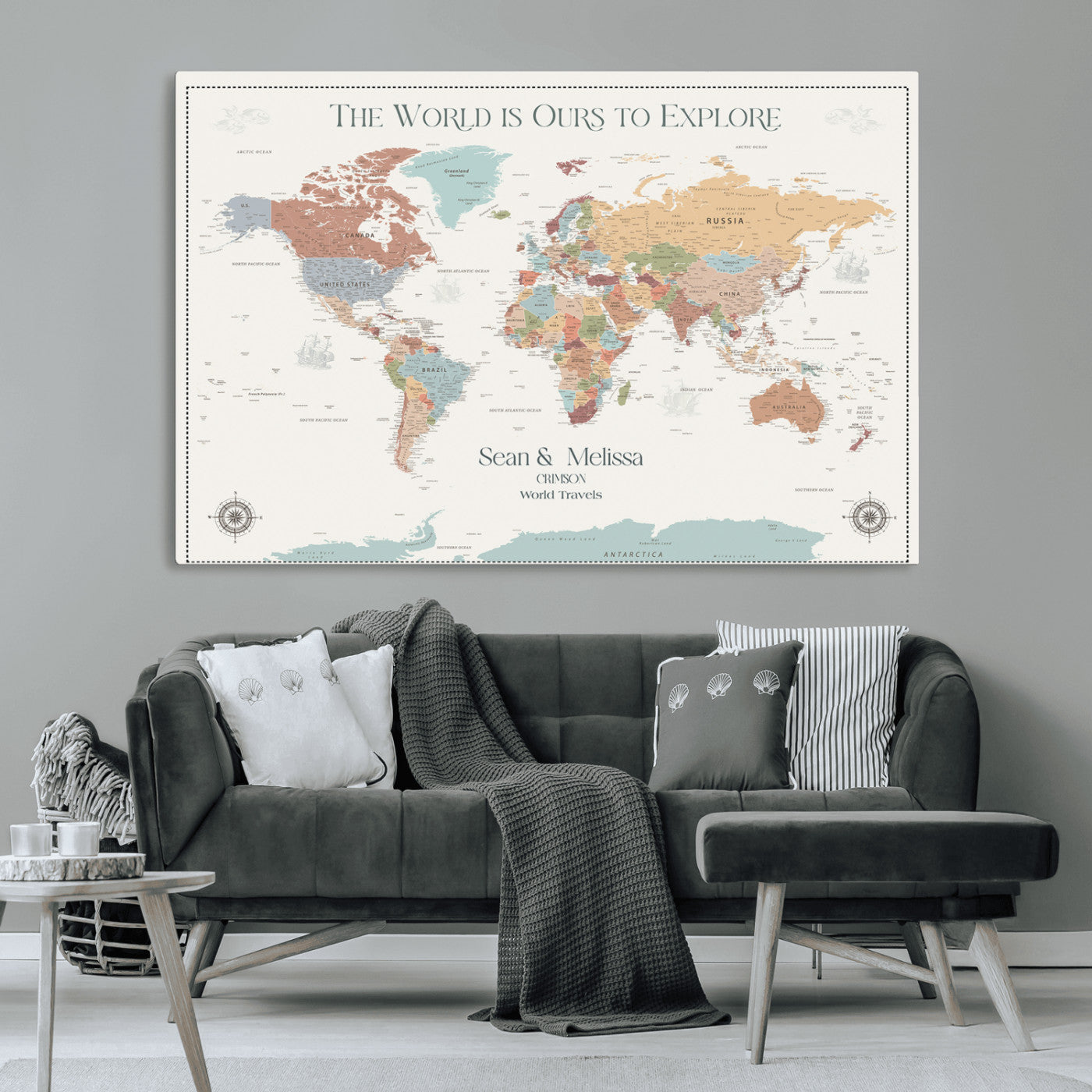 Rehber01-MGV-CV-36X24-Custom Push Pin World Map Wall Art Canvas Print – Personalized Travel Tracker with Pins Framed Large for home, office