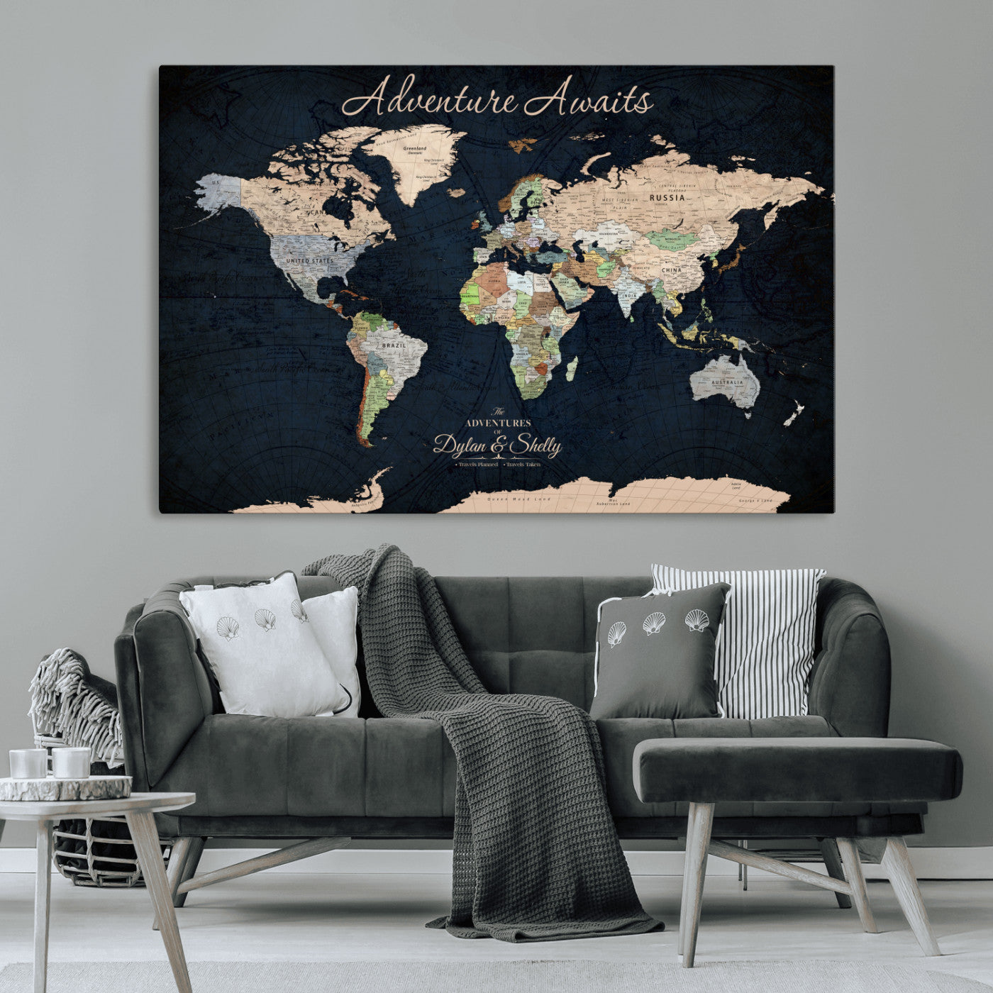 Rehber01-MGV-CV-36X24-Personalized World Map Canvas Print – Framed Push Pin Travel Wall Art for Couples – Adventure & Anniversary Gift