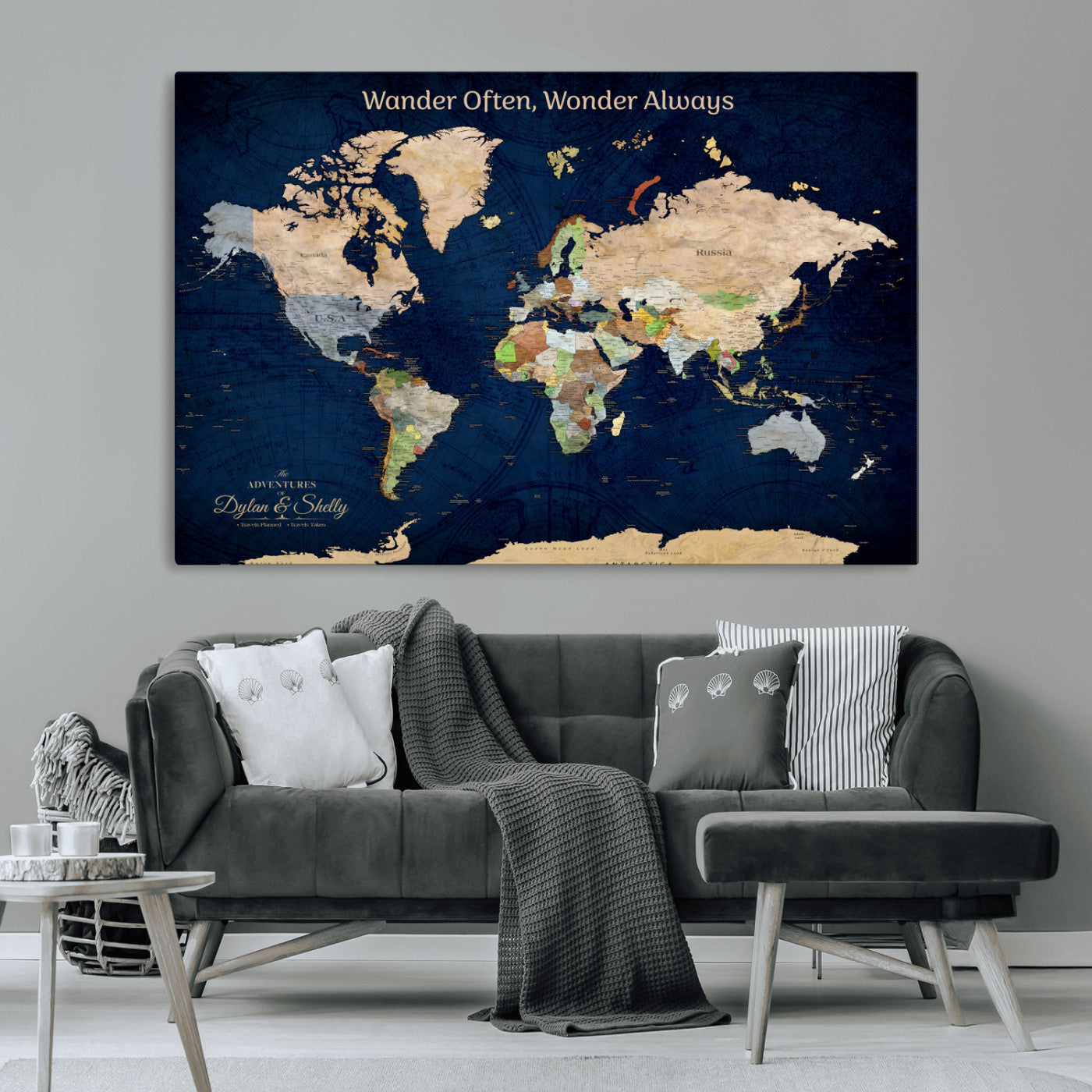 Rehber01-MGV-CV-36X24-Personalized World Map Canvas – Custom Framed Push Pin Travel Map Wall Art, Navy Blue Vintage Gift for Couples and Adventurers