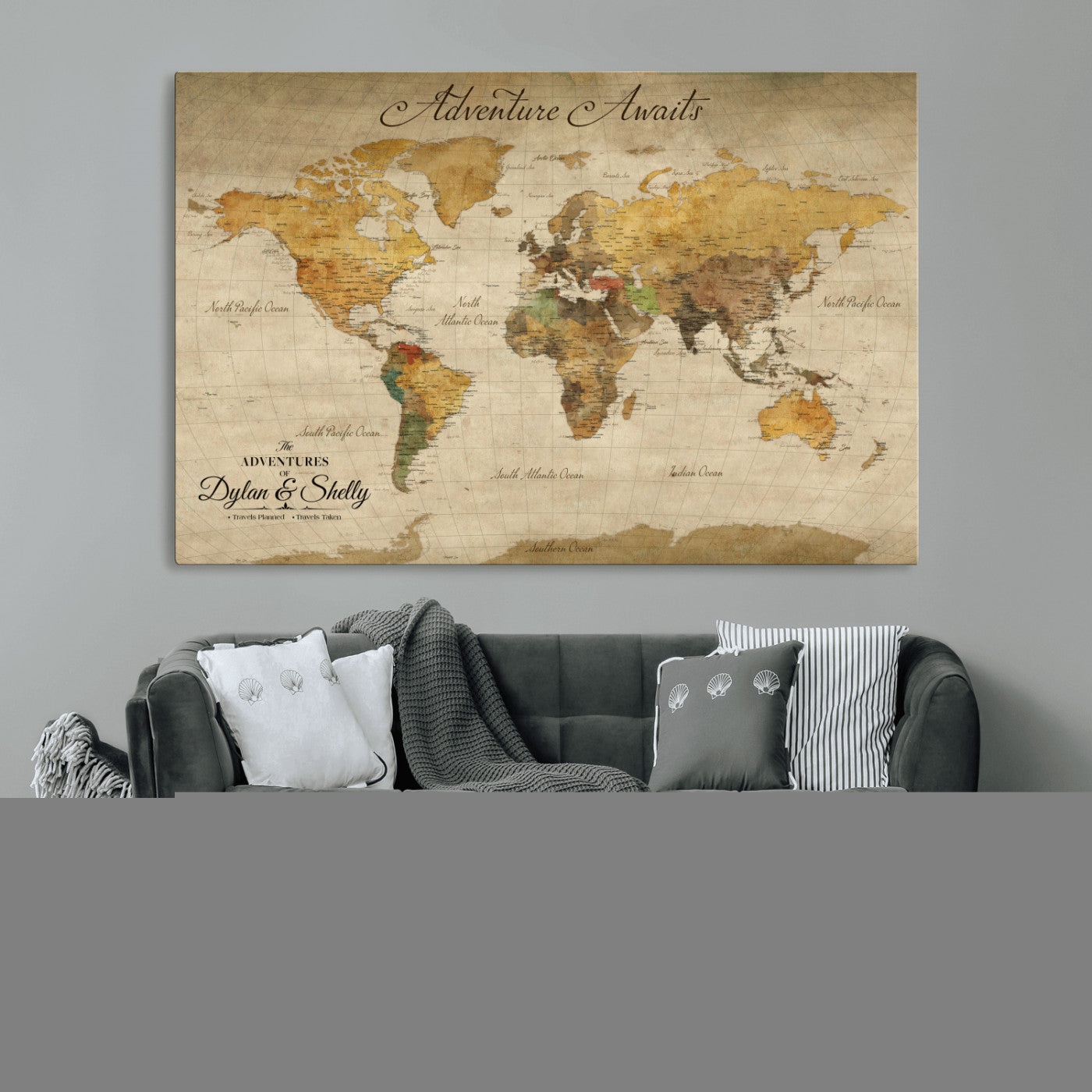 Rehber01-MGV-CV-36X24-Personalized World Map Canvas – Custom Framed Push Pin Travel Map Wall Art, Rustic Vintage Gift for Couples and Travel Lovers