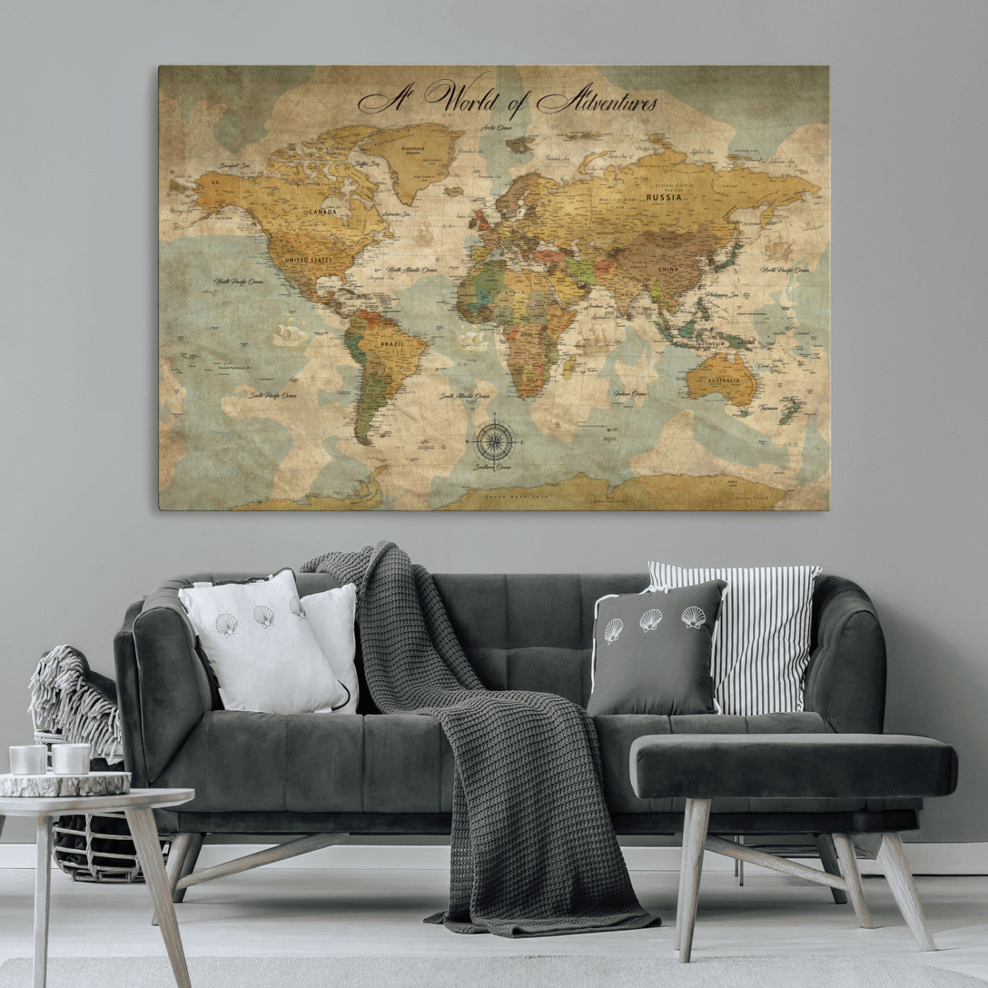 Rehber01-MGV-CV-36X24-Personalized World Map Canvas – Custom Framed Push Pin Travel Map Wall Art, Vintage Style Gift for Couples or Families