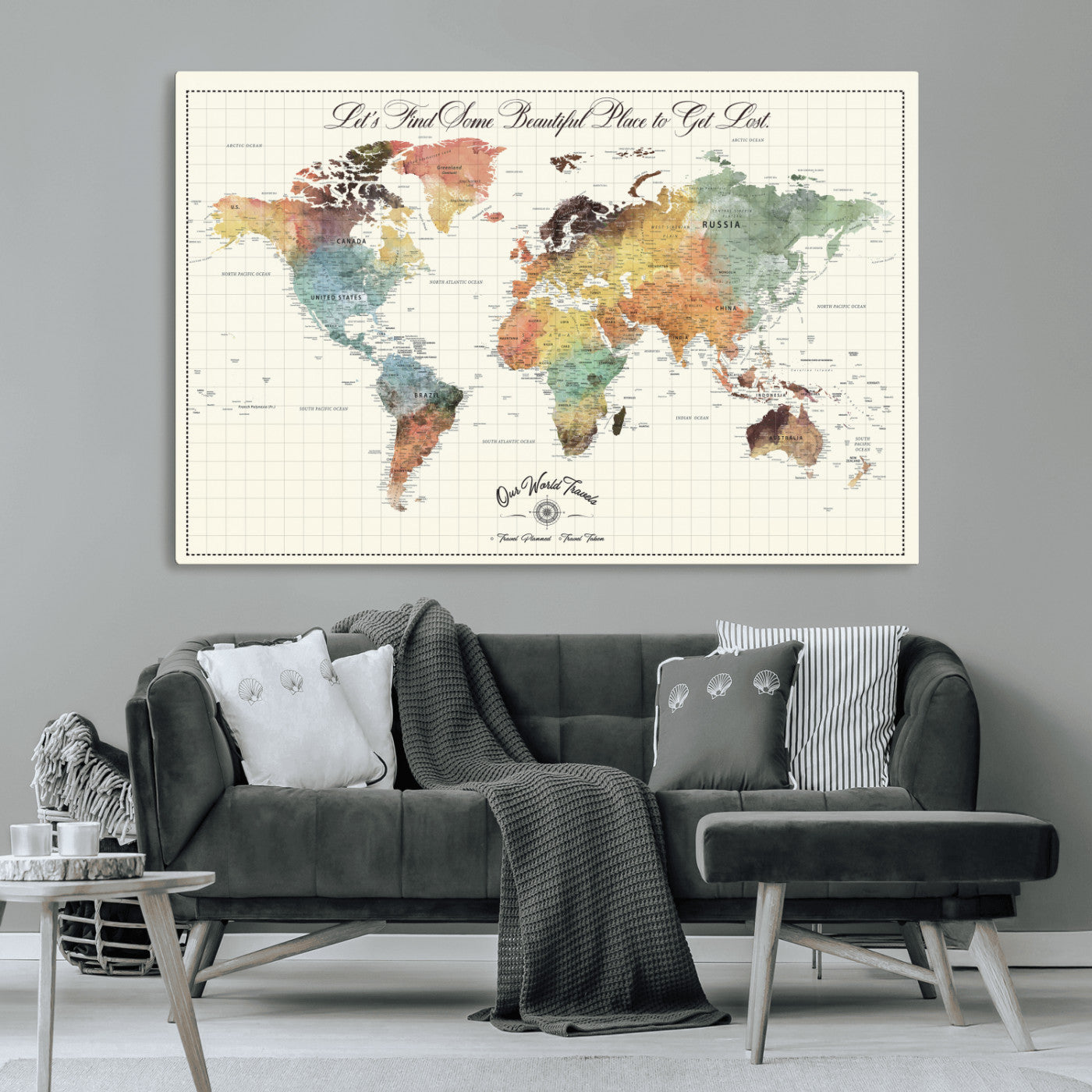 -Personalized Push Pin World Map Canvas Print – Custom Adventure Travel Tracker Map, Framed Wall Art Gift for Couples or Family