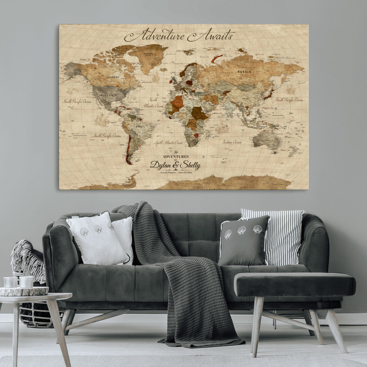 Rehber01-MGV-CV-36X24-Personalized World Map Canvas – Custom Framed Push Pin Travel Map Wall Art with Names, Vintage Style Gift for Couples