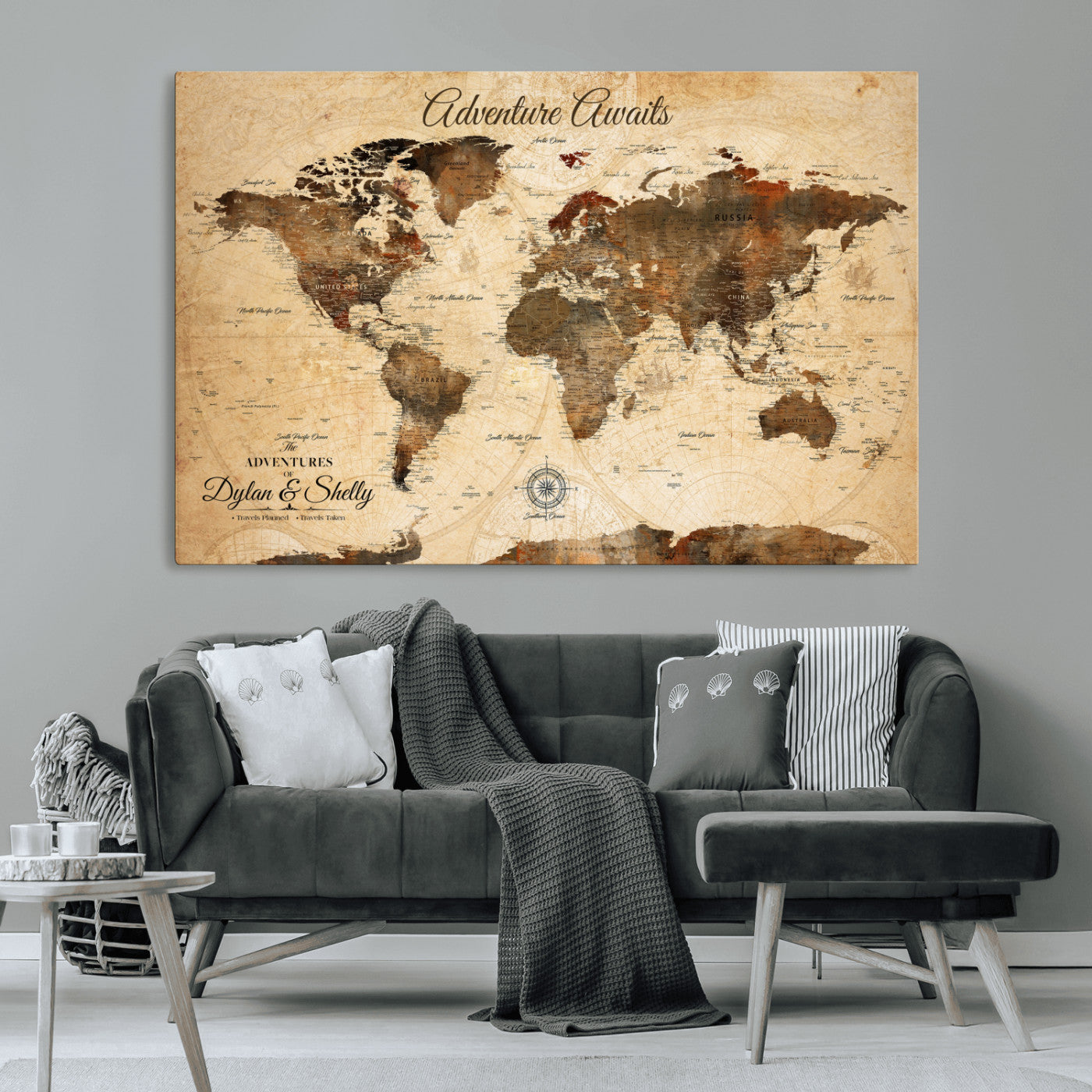 Rehber01-MGV-CV-36X24-Personalized World Map Canvas Wall Art – Custom Framed Push Pin Travel Tracker Print, Unique Gift for Home or Office Decor