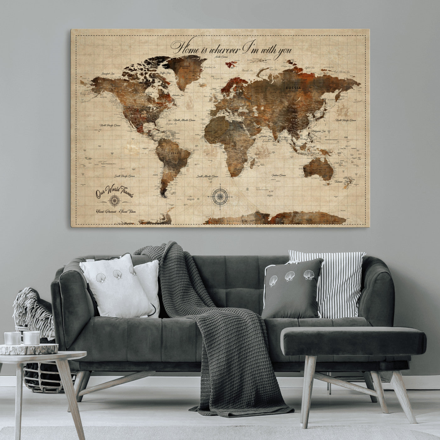 Rehber01-MGV-CV-36X24-Personalized World Map Print, Customizable Push Pin Framed World Map Print on Canvas - Custom Quote