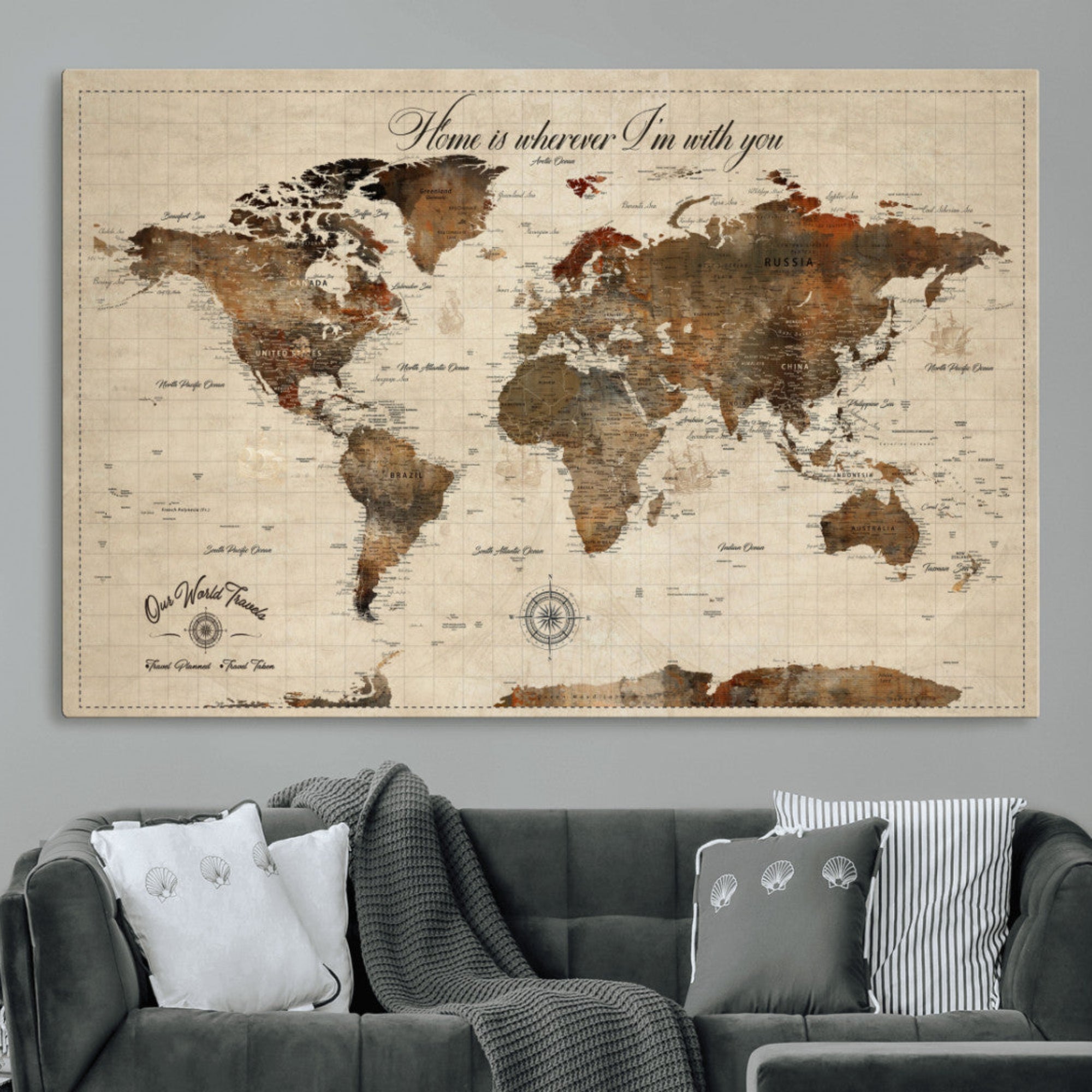 Rehber01-MGV-CV-36X24-Personalized World Map Canvas Wall Art – Custom Framed Push Pin Travel Tracker Print, Unique Gift for Home or Office Decor