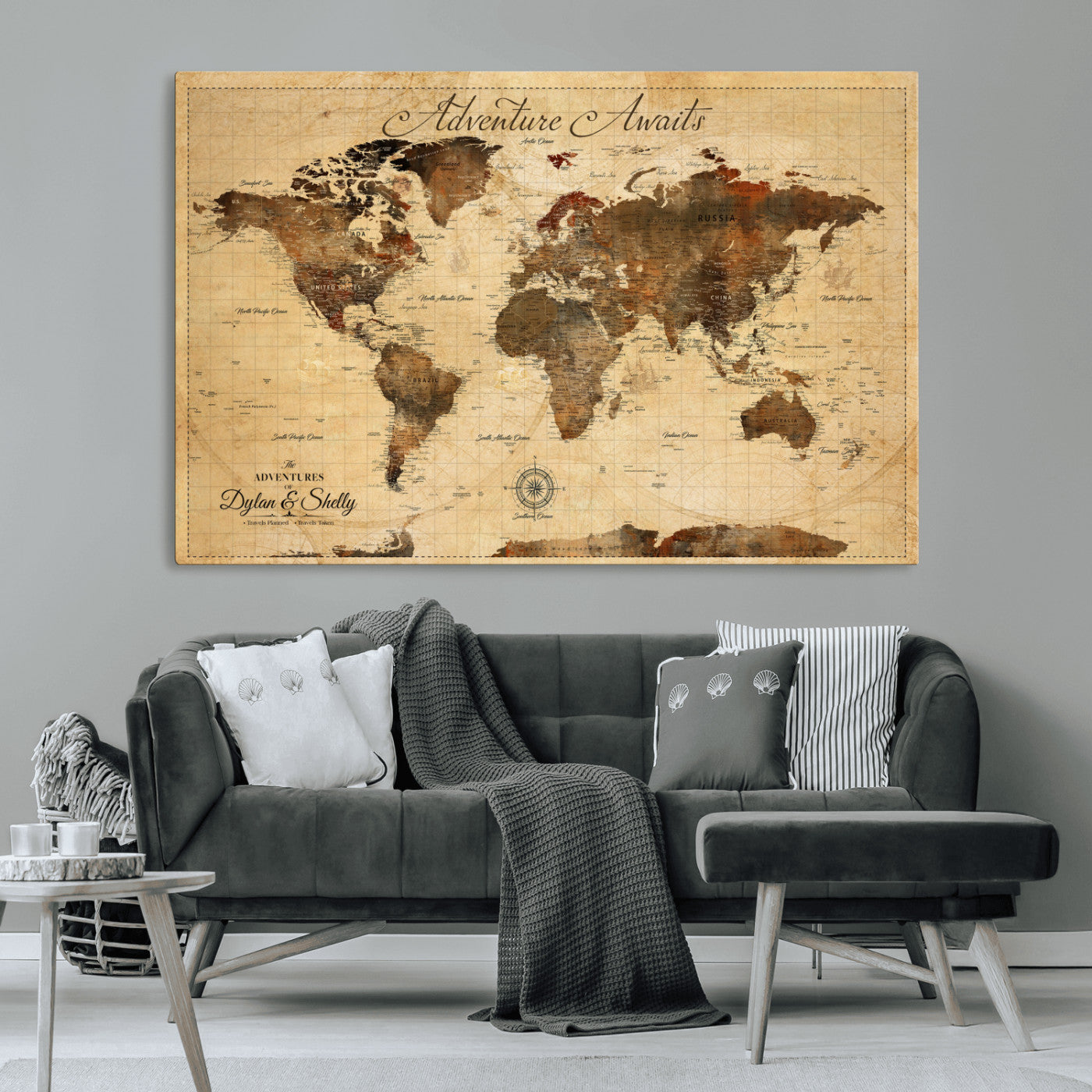 Rehber01-MGV-CV-36X24-Personalized World Map Canvas Wall Art – Custom Framed Push Pin Travel Tracker Print, Unique Gift for Home or Office Decor