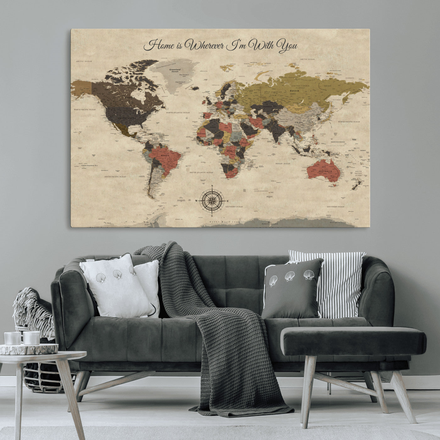-Personalized World Map Wall Art Canvas Print – Customizable Push Pin Framed Travel Map Artwork for Home Office