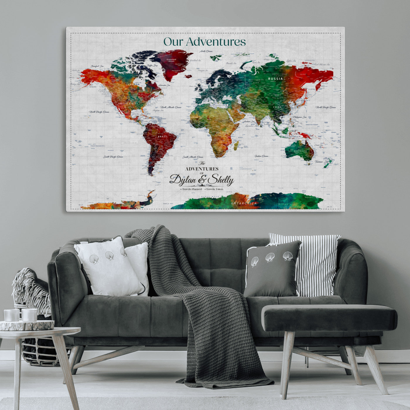 Rehber01-MGV-CV-36X24-Personalized World Map Canvas Wall Art – Custom Framed Push Pin Travel Tracker Print, Unique Gift for Home or Office Decor