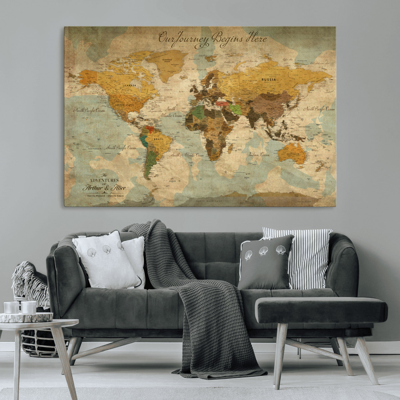 Rehber01-MGV-CV-36X24-Personalized World Map Canvas Wall Art – Custom Framed Push Pin Travel Tracker Print, Unique Gift for Home or Office Decor
