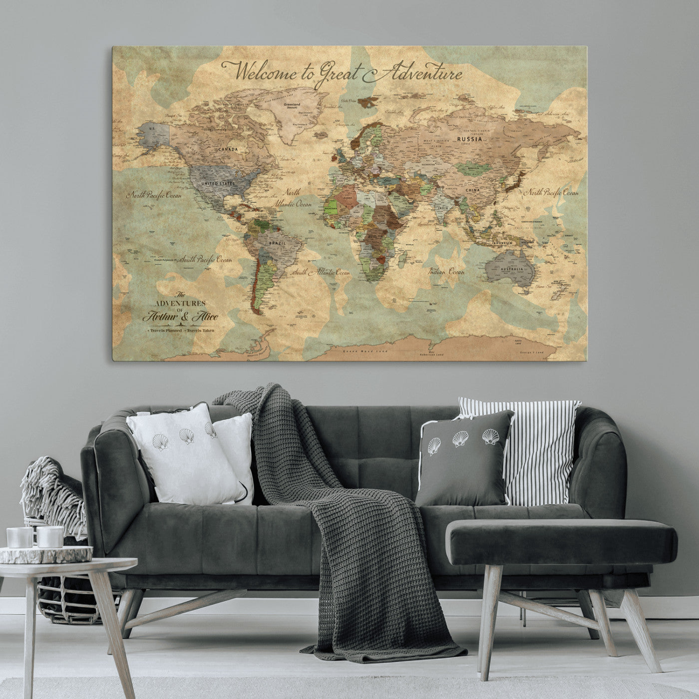 Rehber01-MGV-CV-36X24-Personalized World Map Canvas Wall Art – Custom Framed Push Pin Travel Tracker Print, Unique Gift for Home or Office Decor
