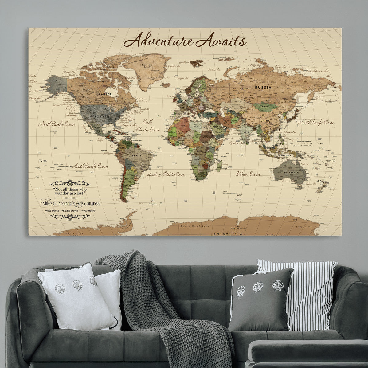 31875069-MGV-CV-36X24 - Customizable Push Pin World Map Wall Canvas Print – Personalize Travel Tracker with Pins – Framed Custom Quotie Canvas for Home Office Decor