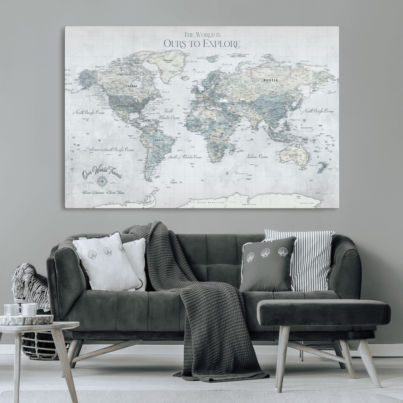Rehber01-MGV-CV-36X24-Personalized Push Pin World Map Canvas Print – Custom Framed Travel Tracker Wall Art Large Map Artwork for Home, Office