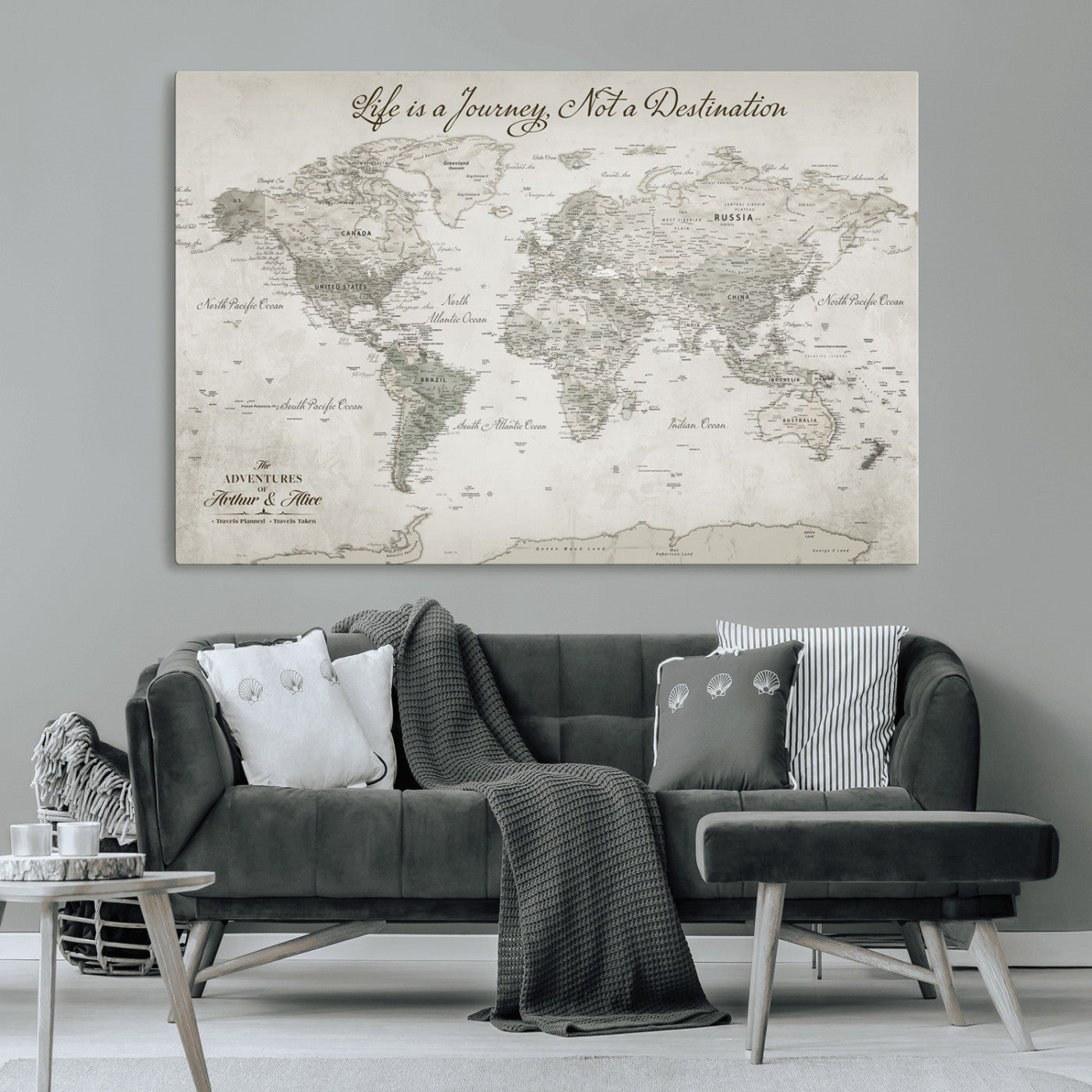 11398637-MGV-CV-36X24-Custom Push Pin World Map Wall Canvas Print – Personalized Travel Tracker with Pins – Framed Custom