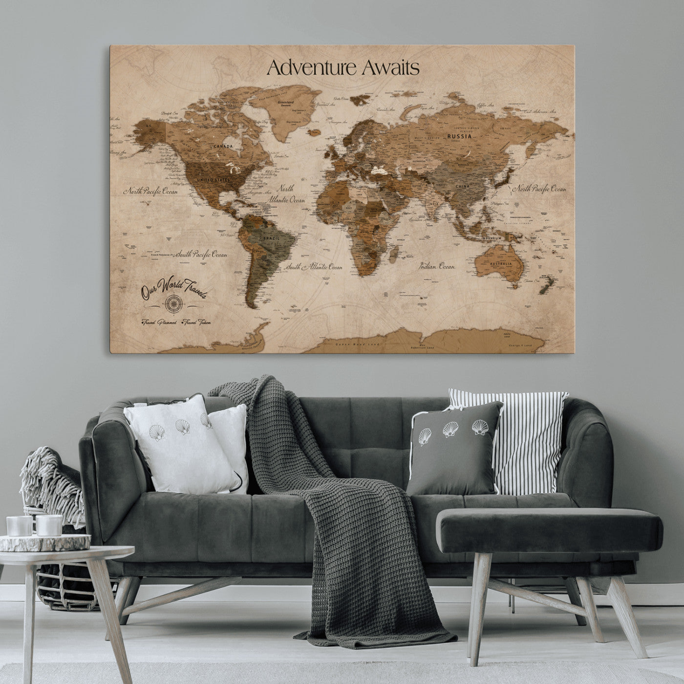 -Personalized Push Pin World Map Canvas Print – Custom Framed Travel Tracker Large Adventure Map Artwork for Home Office