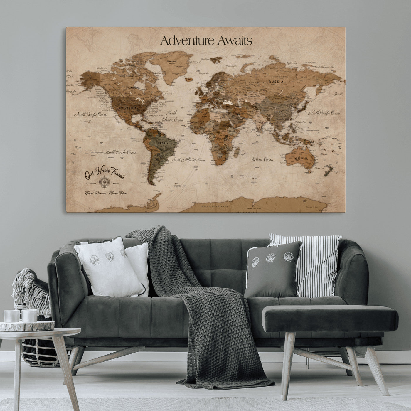 Rehber01-MGV-CV-36X24-Personalized Framed World Map Wall Art Canvas – Custom Push Pin Travel Map with 100 Pins Foam Backing for Home Office