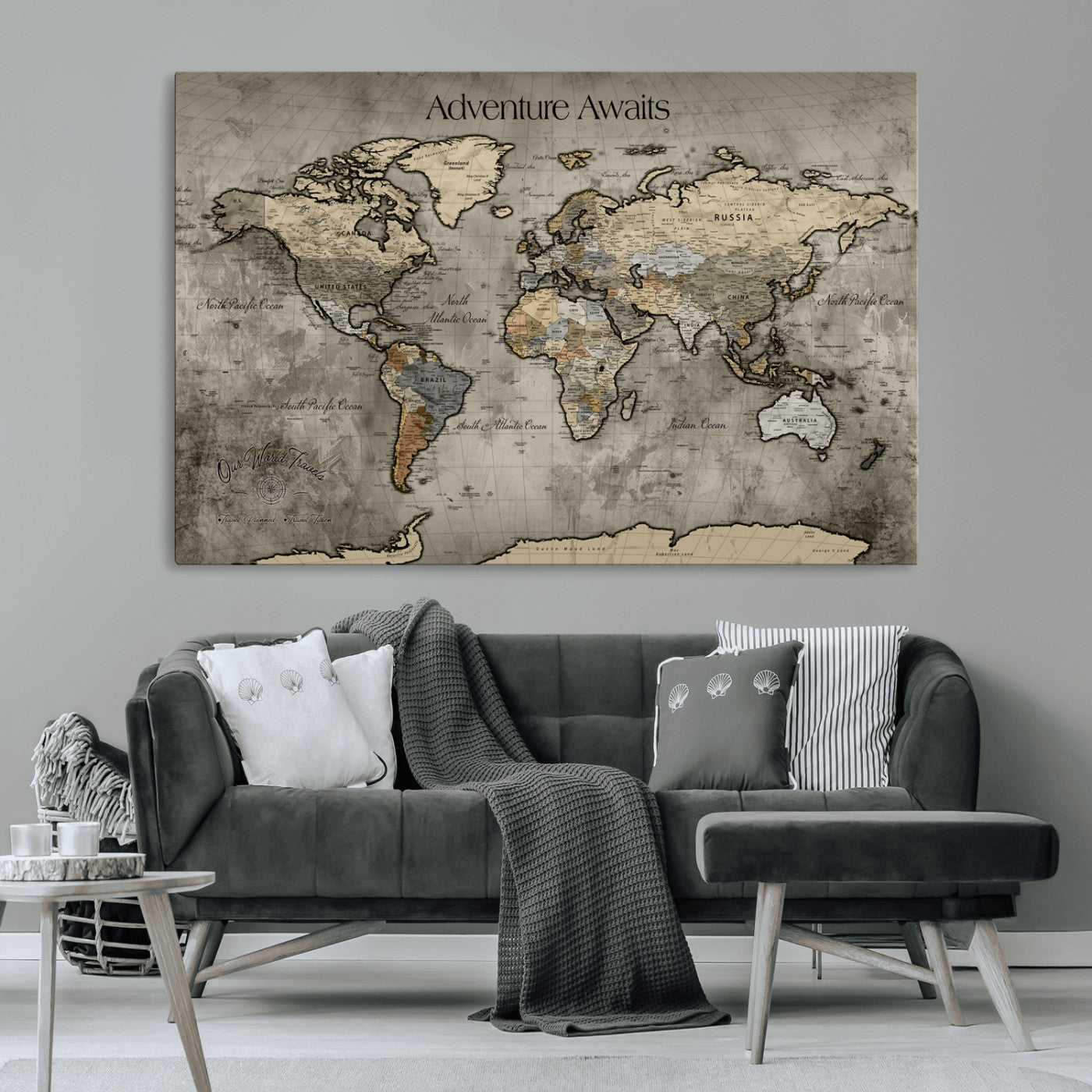 -Tree Rings Wall Art Canvas Print, Framed Wood Texture Art Picture Print, Blue Grain Perfect Rustic