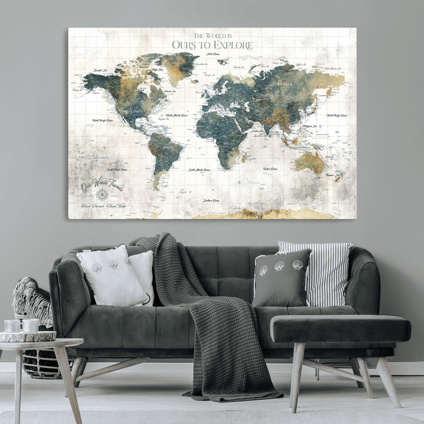 -Custom Push Pin World Map Wall Art Canvas Print – Adventure Travel Tracker Map with Pins Artwork for Home Office