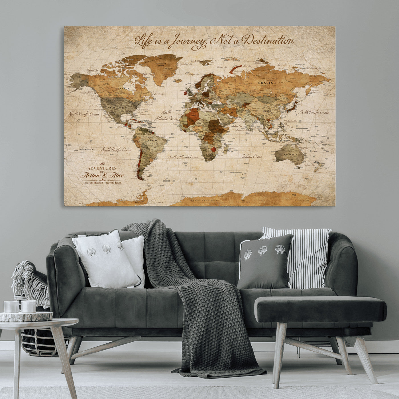79036691-MGV-CV-36X24-Personalized World Map Canvas Wall Art – Custom Framed Push Pin Travel Tracker Print, Unique Gift for Home or Office Decor