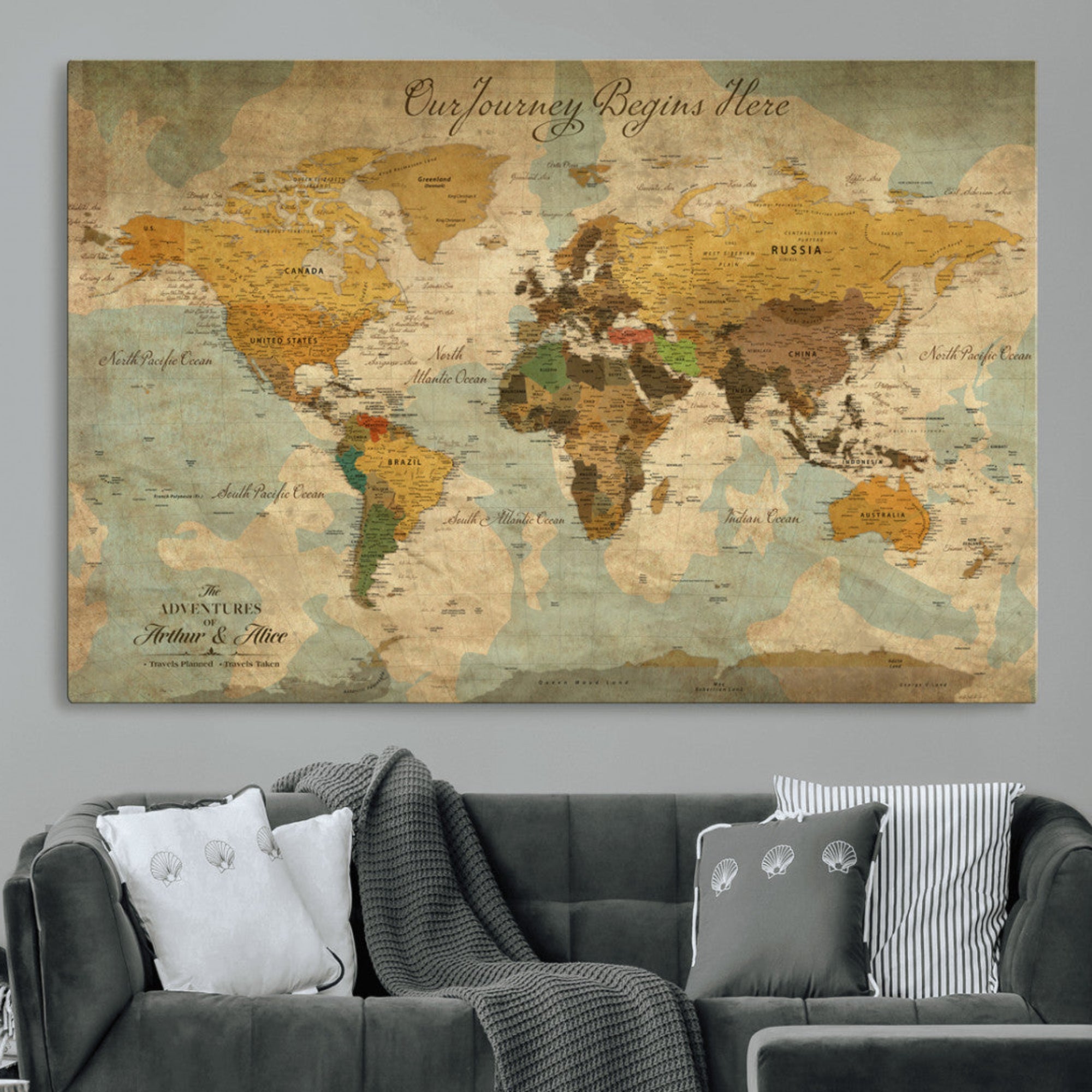 40572820-MGV-CV-36X24-Personalized World Map Canvas – Custom Framed Push Pin Travel Map Wall Art, Vintage Style Gift for Couples