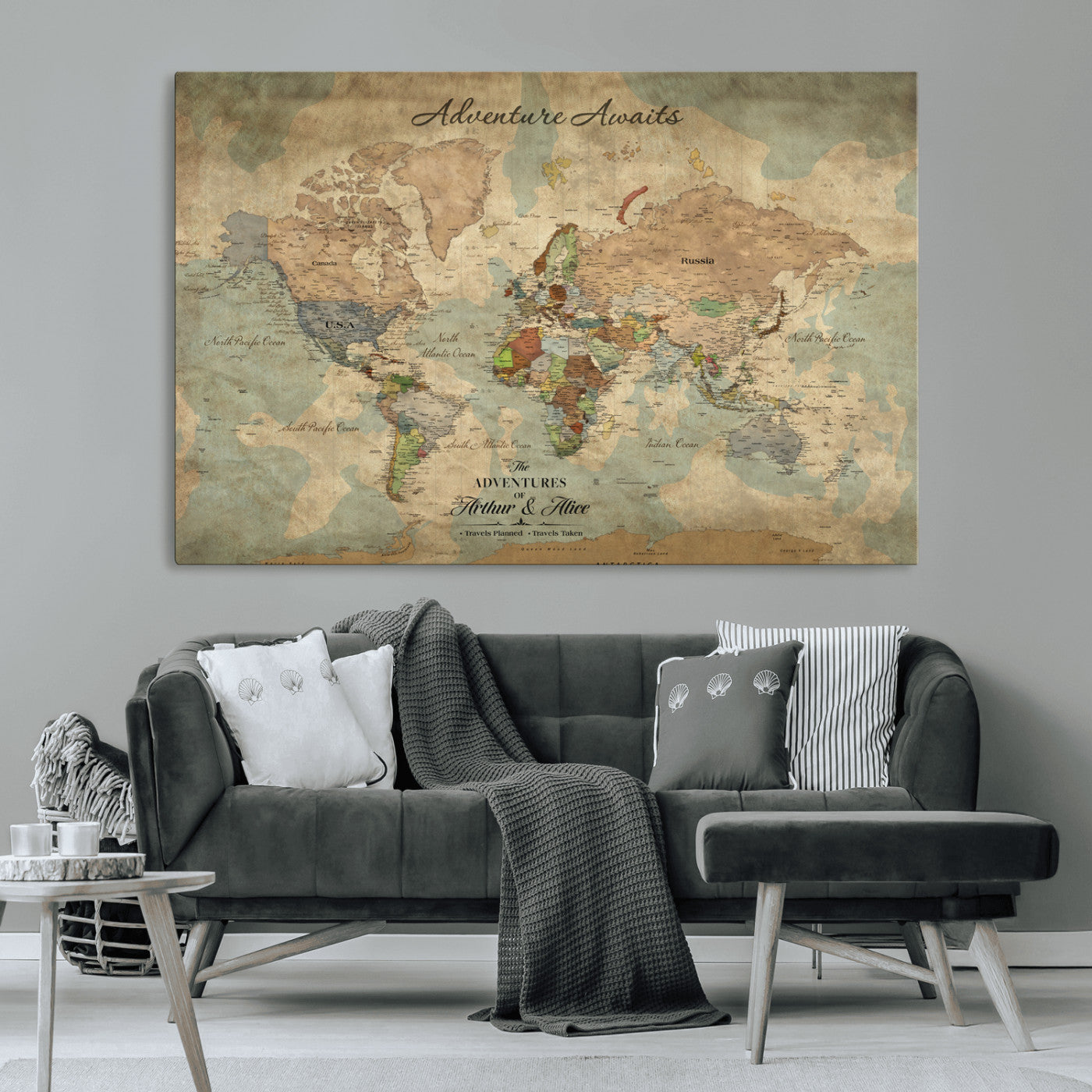 Rehber01-MGV-CV-36X24-Personalized Vintage World Map Canvas Print – Custom Push Pin Travel Map Antique Style Gift for Couples Travelers for Home Office